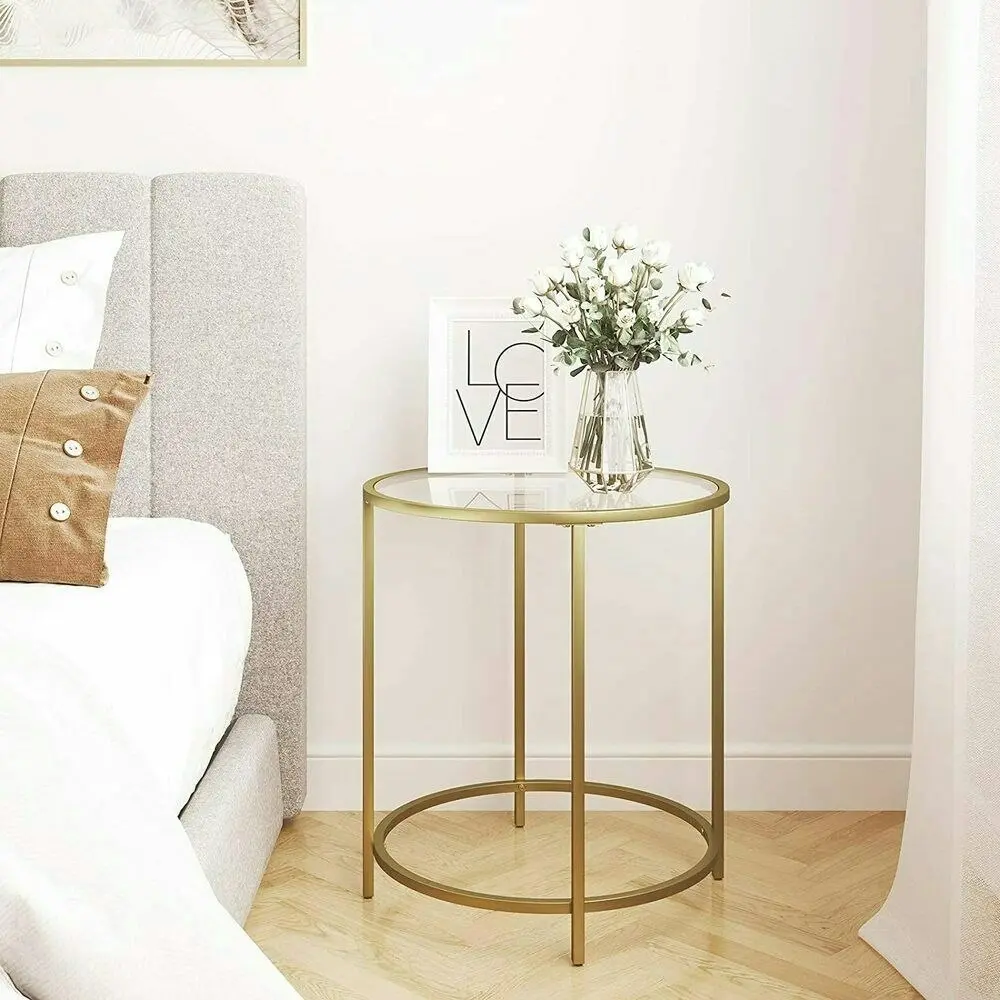 VASAGLE Tempered Glass Top Round Bedside Nightstand Side Coffee Table - Gold