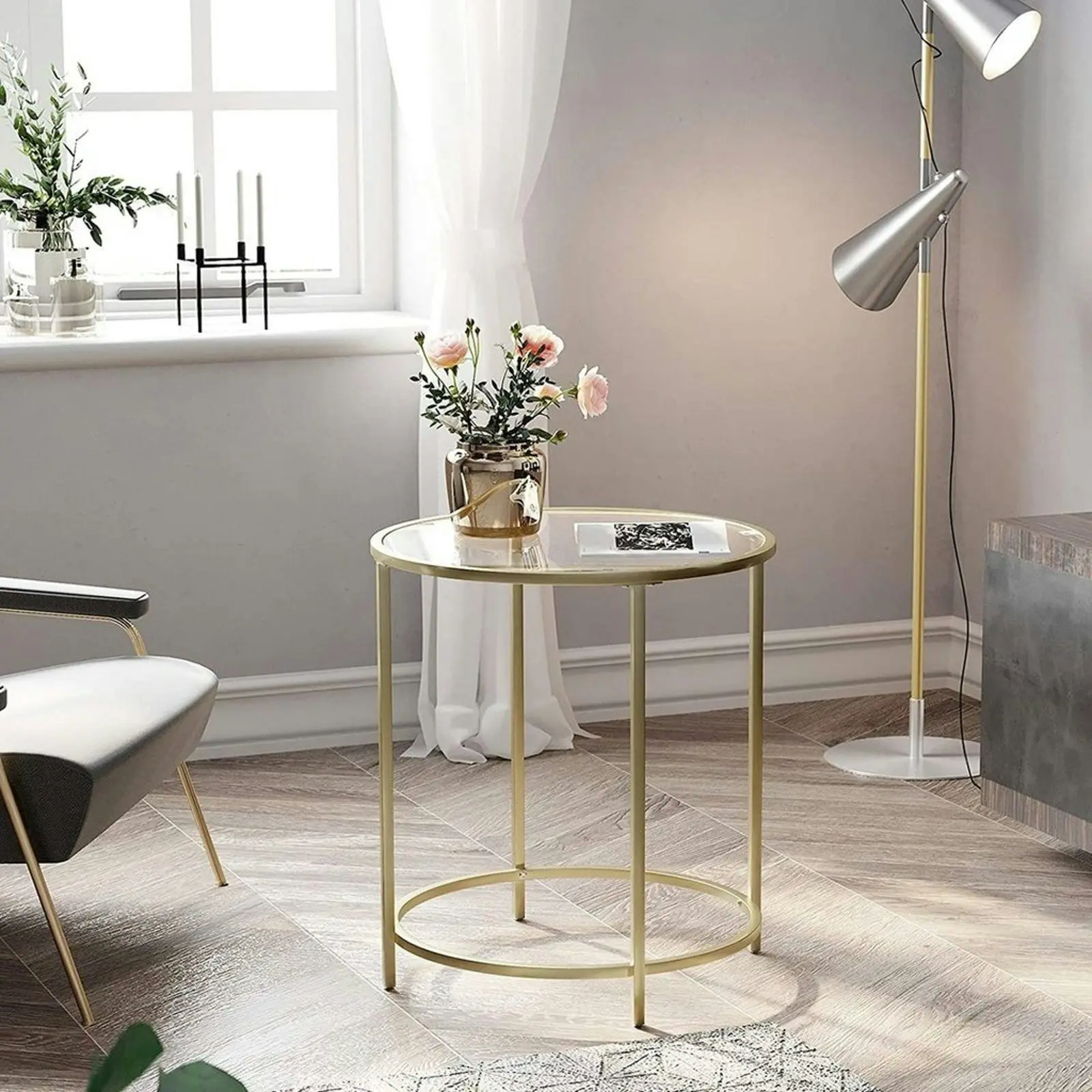 VASAGLE Tempered Glass Top Round Bedside Nightstand Side Coffee Table - Gold