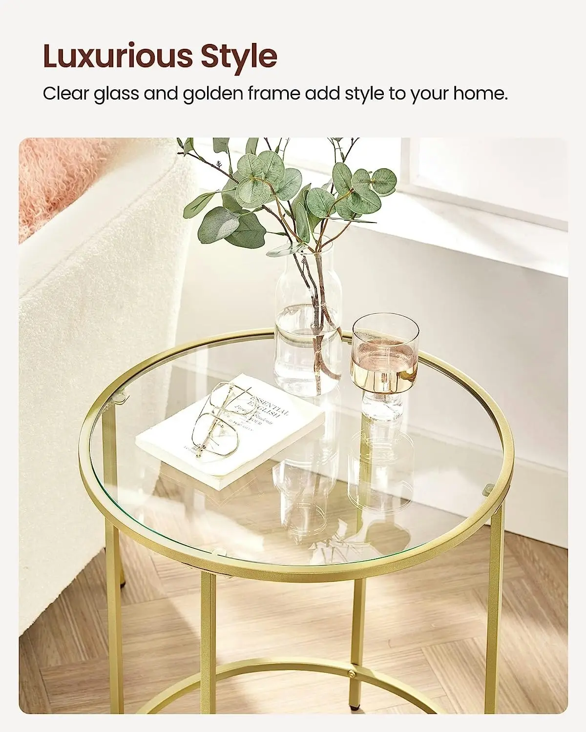 VASAGLE Tempered Glass Top Round Bedside Nightstand Side Coffee Table - Gold