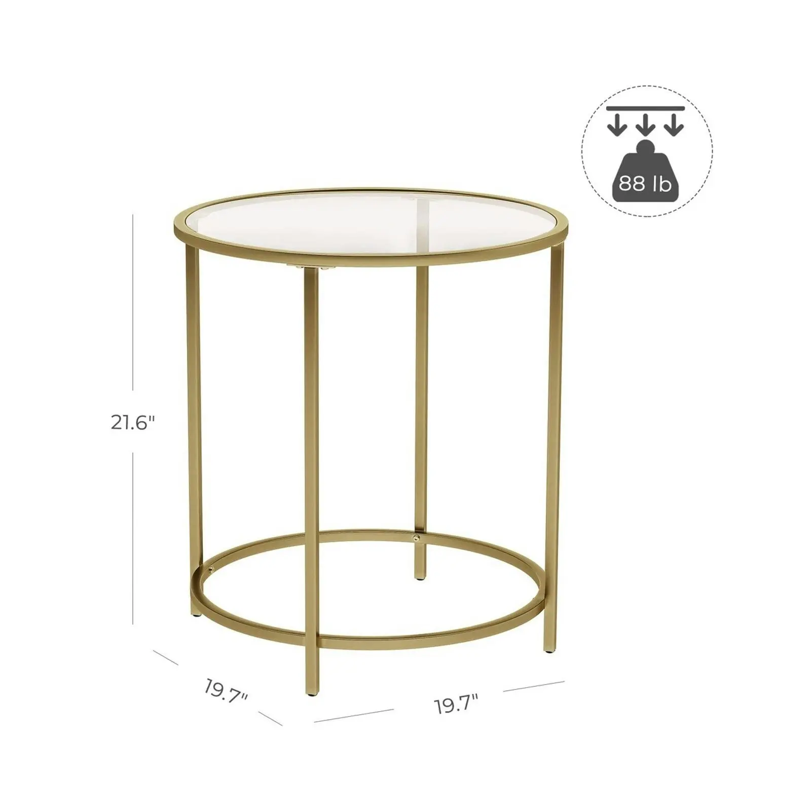 VASAGLE Tempered Glass Top Round Bedside Nightstand Side Coffee Table - Gold