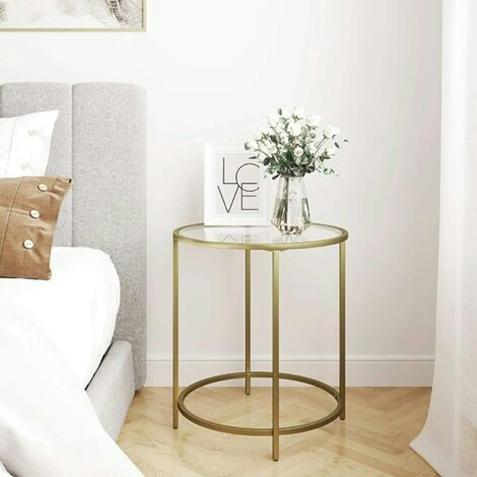 VASAGLE Tempered Glass Top Round Bedside Nightstand Side Coffee Table - Gold