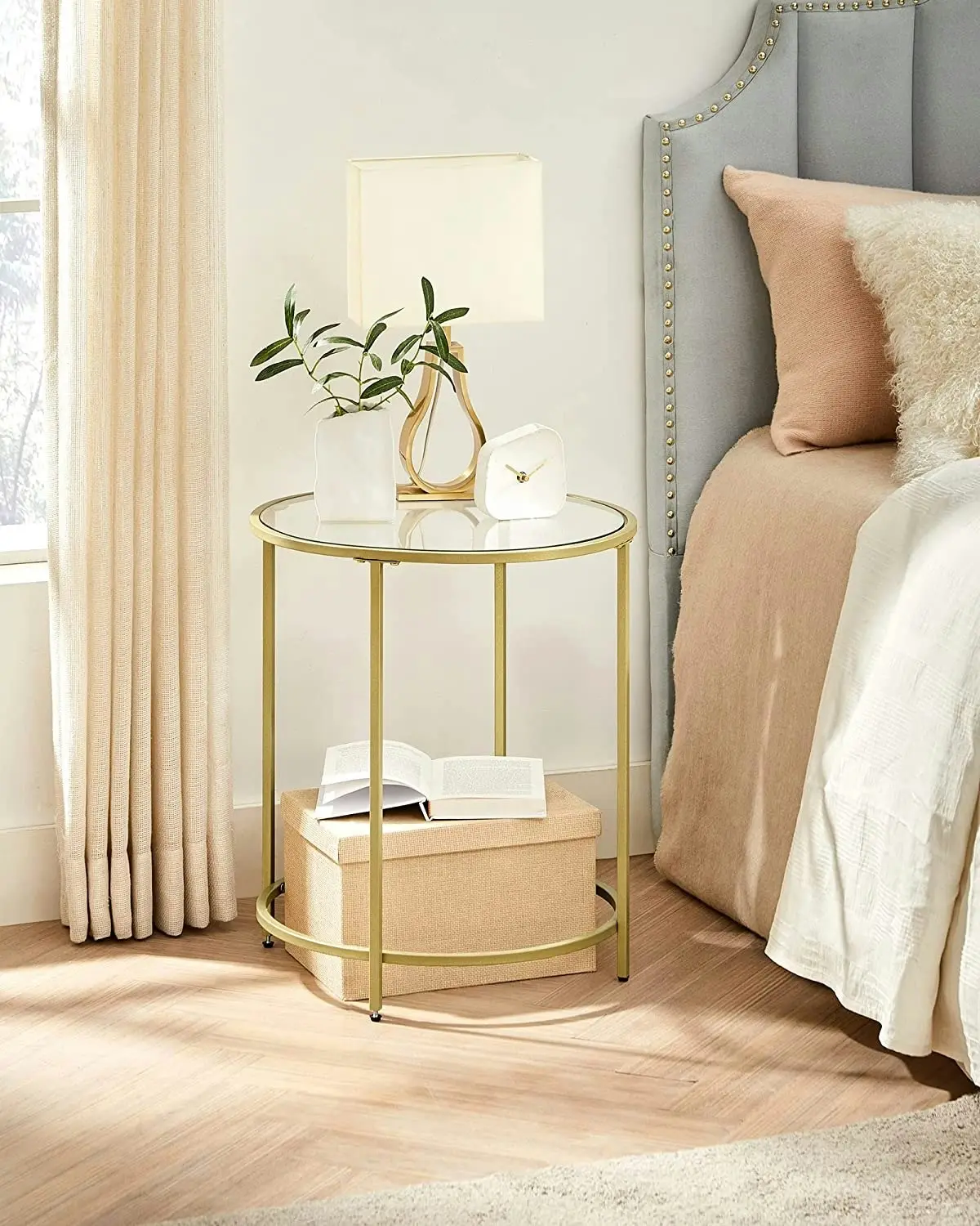 VASAGLE Tempered Glass Top Round Bedside Nightstand Side Coffee Table - Gold