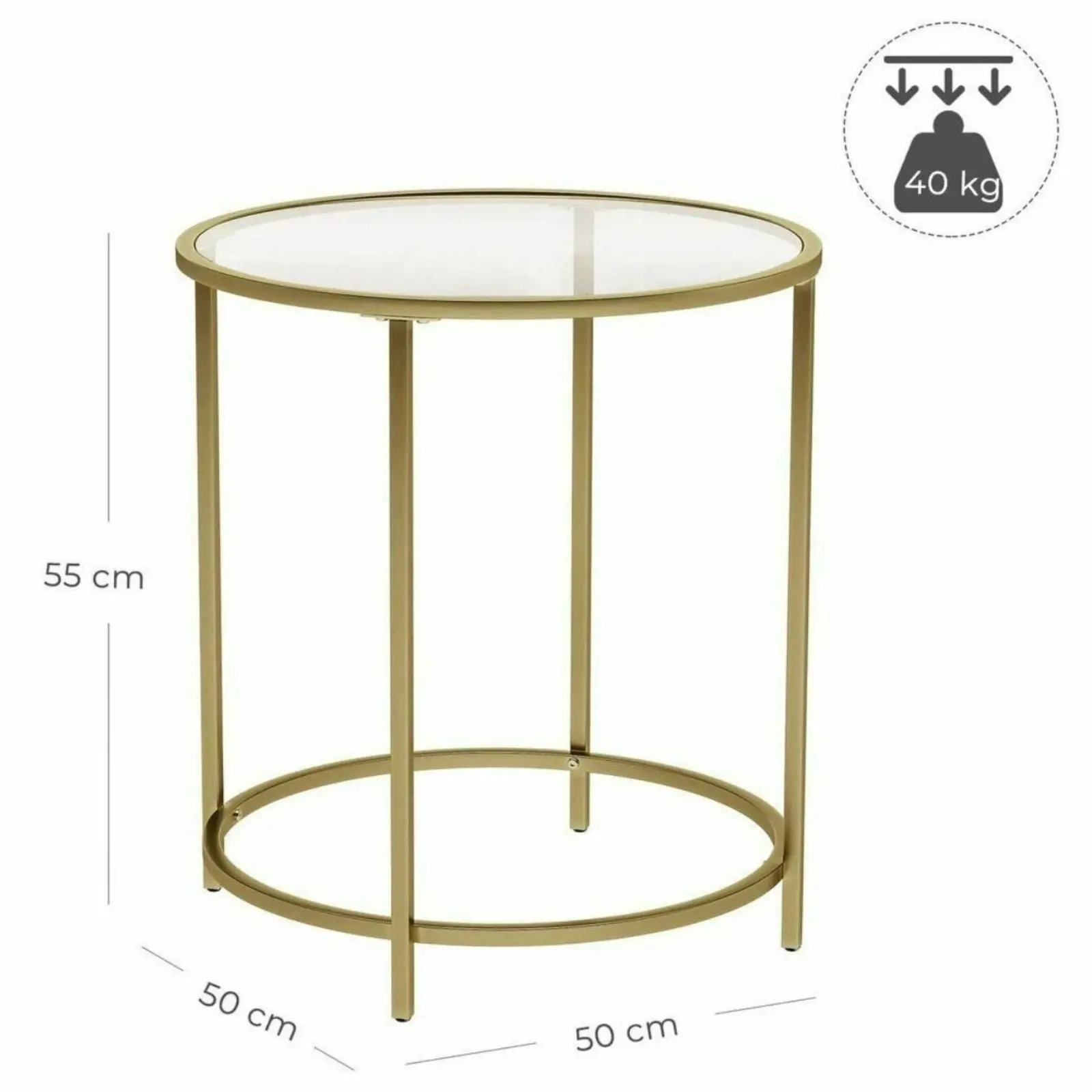 VASAGLE Tempered Glass Top Round Bedside Nightstand Side Coffee Table - Gold