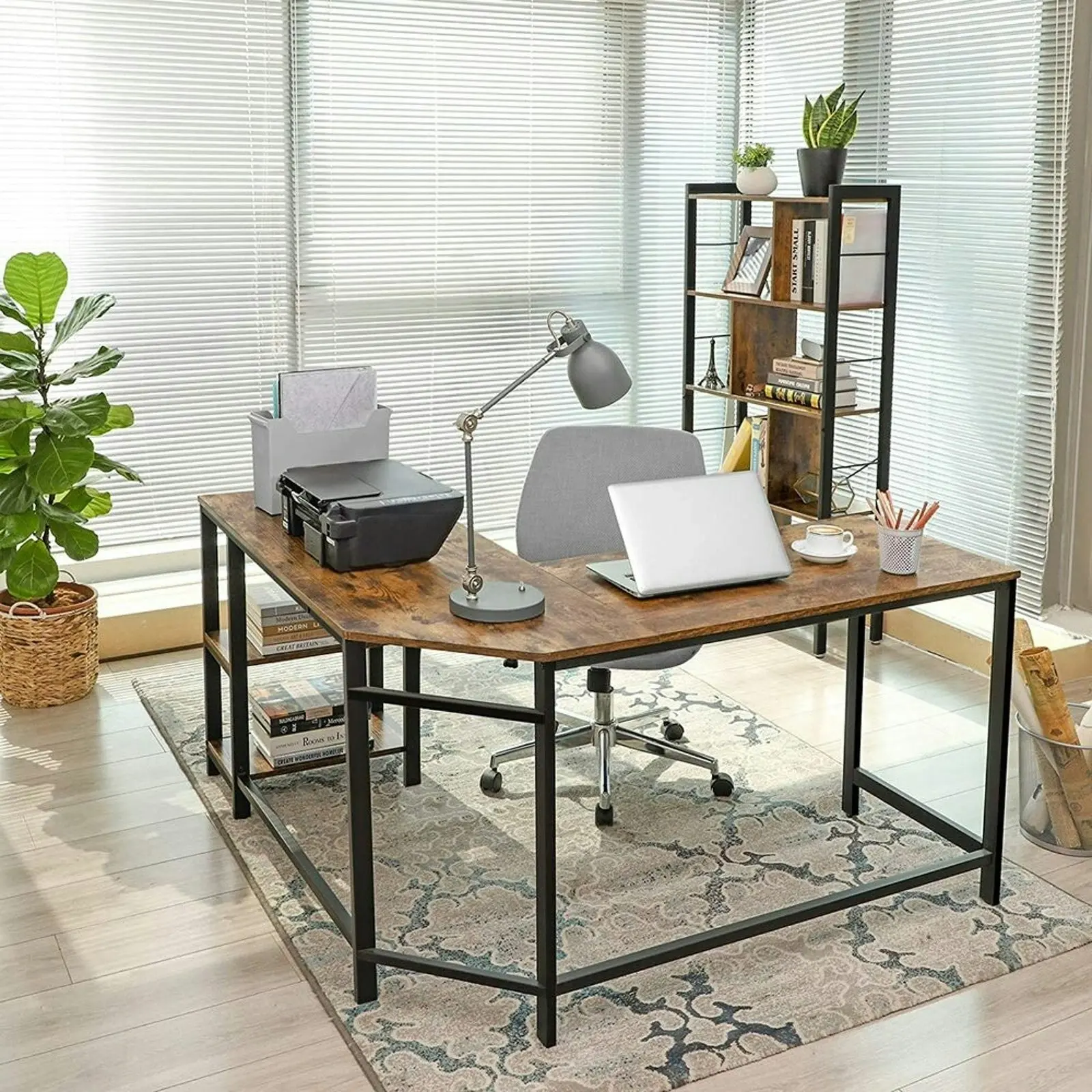 VASAGLE L-Shaped Computer Desk Rustic Brown and Black