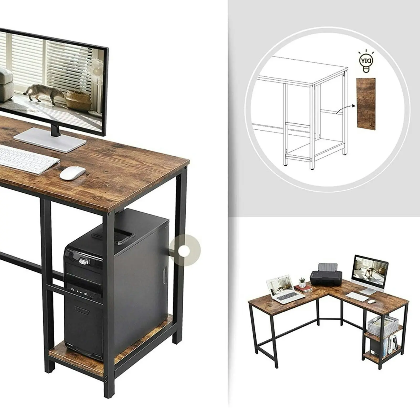 VASAGLE L-Shaped Computer Desk Rustic Brown and Black