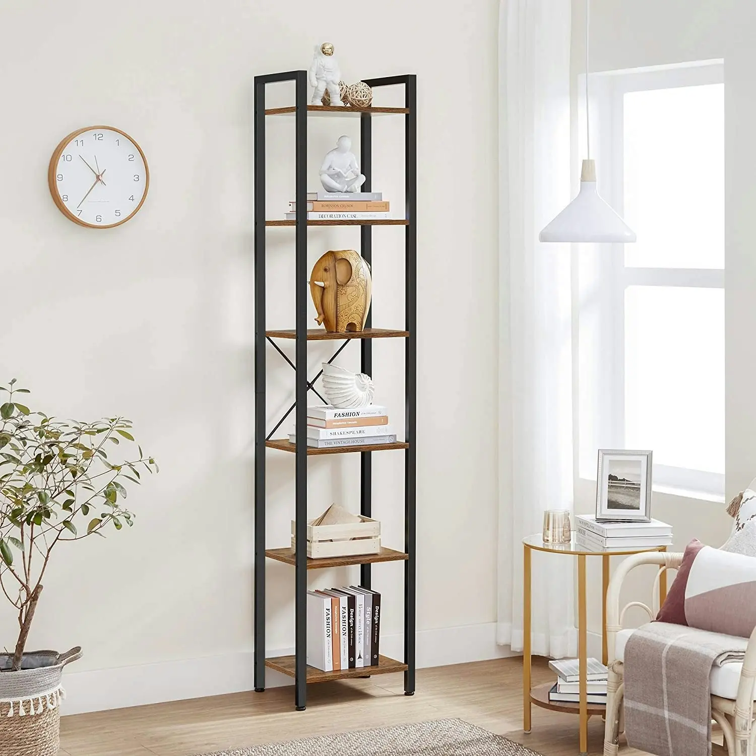 VASAGLE Narrow Bookcase 6-Tiers for Living Room Rustic Brown and Black