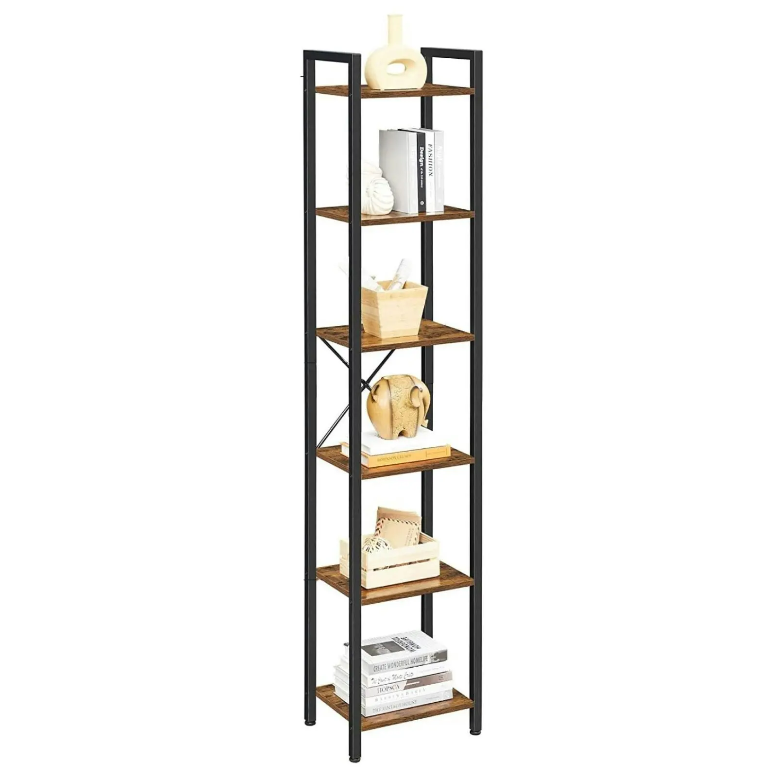 VASAGLE Narrow Bookcase 6-Tiers for Living Room Rustic Brown and Black