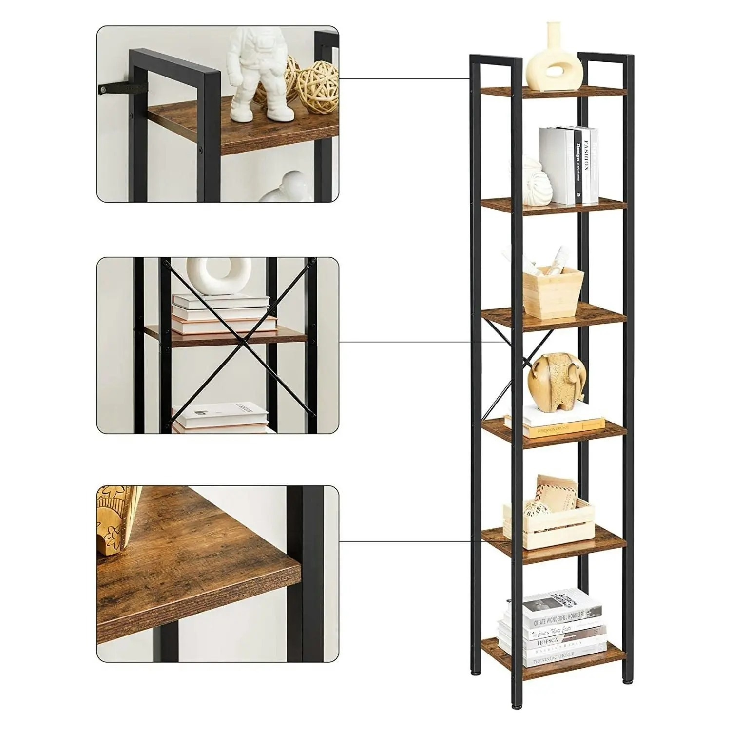 VASAGLE Narrow Bookcase 6-Tiers for Living Room Rustic Brown and Black