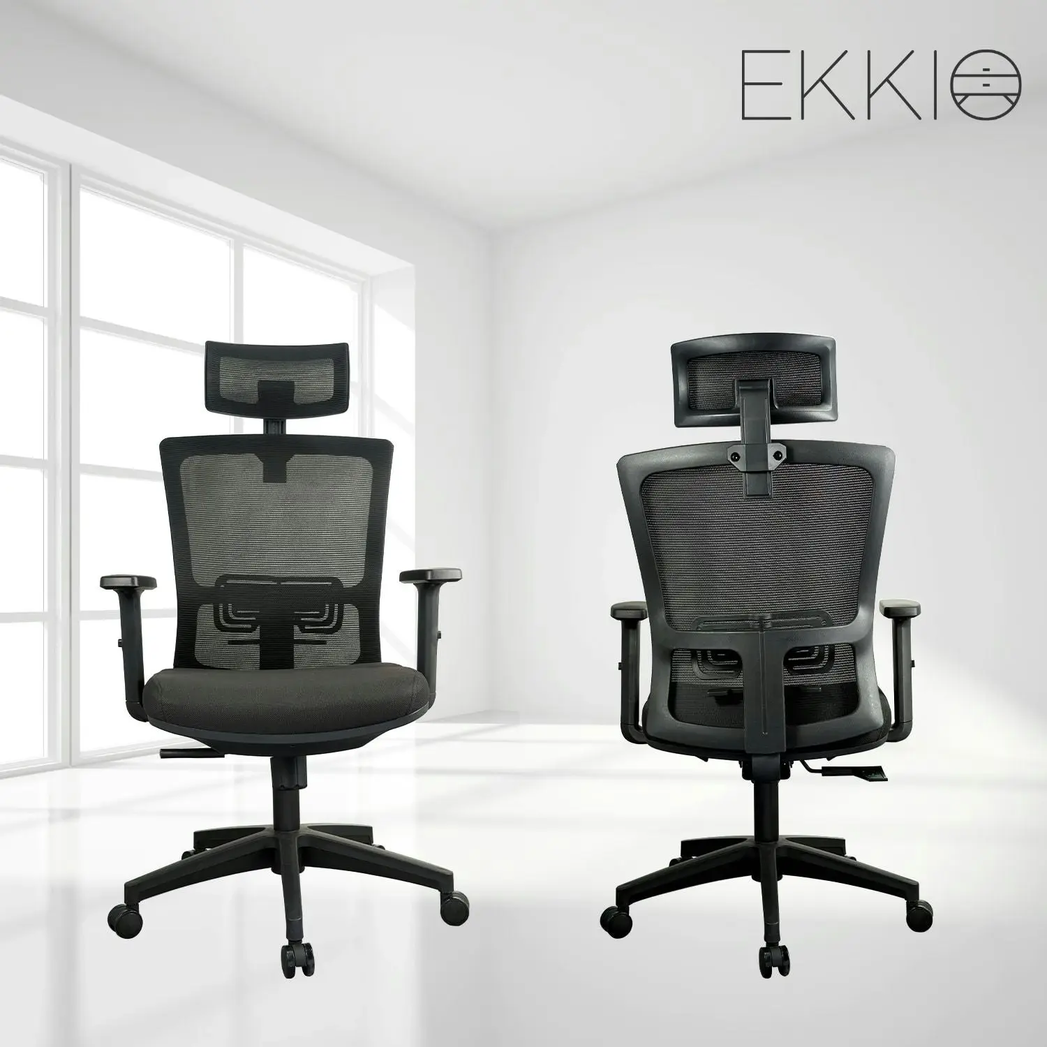 Ekkio Zorae Ergonomic Office Chair w/ Wide Tall S-shaped Backrest Design - Black