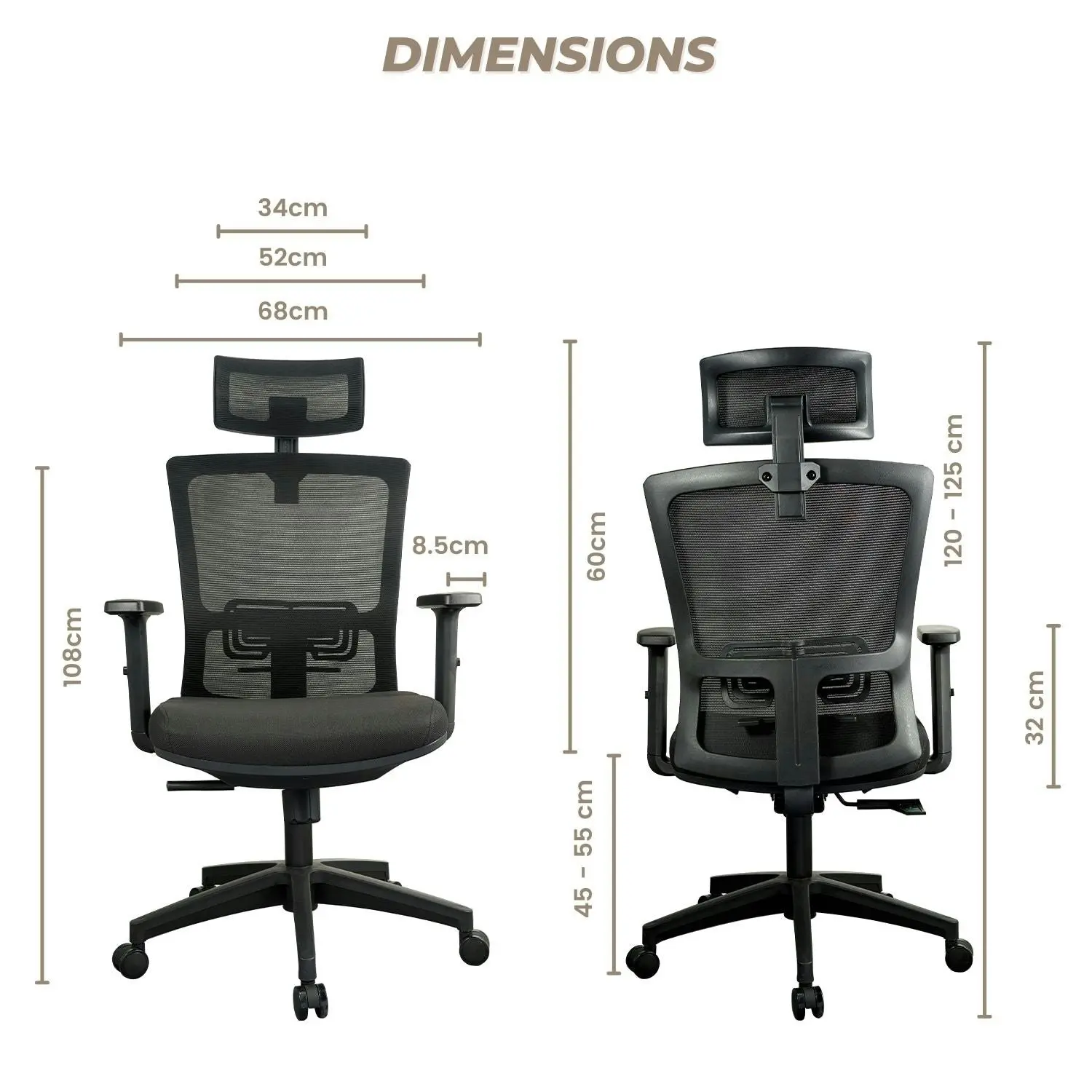 Ekkio Zorae Ergonomic Office Chair w/ Wide Tall S-shaped Backrest Design - Black