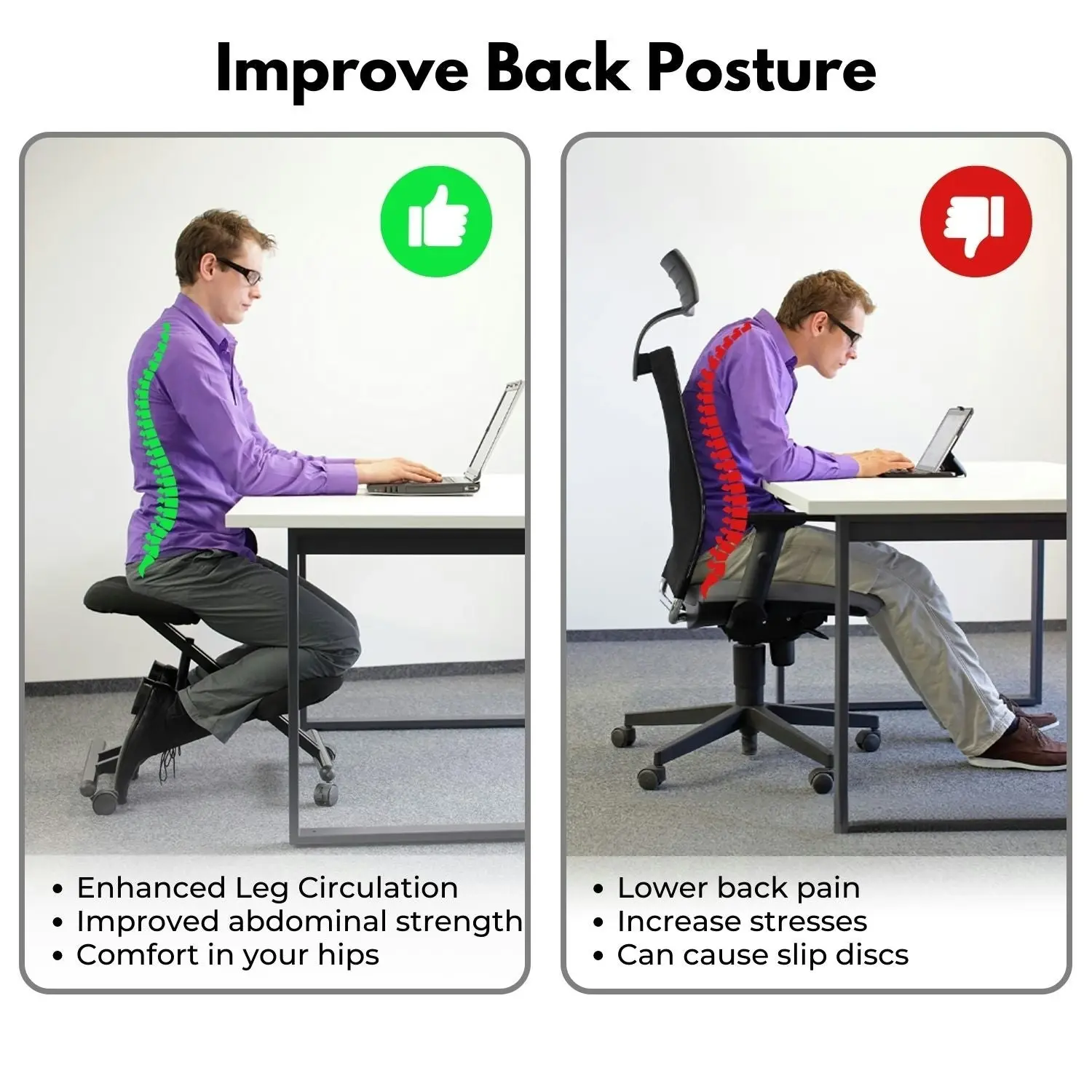 Ekkio Adjustable Ergonomic Kneeling Chair Stretch Stress Knee Office Seat Black