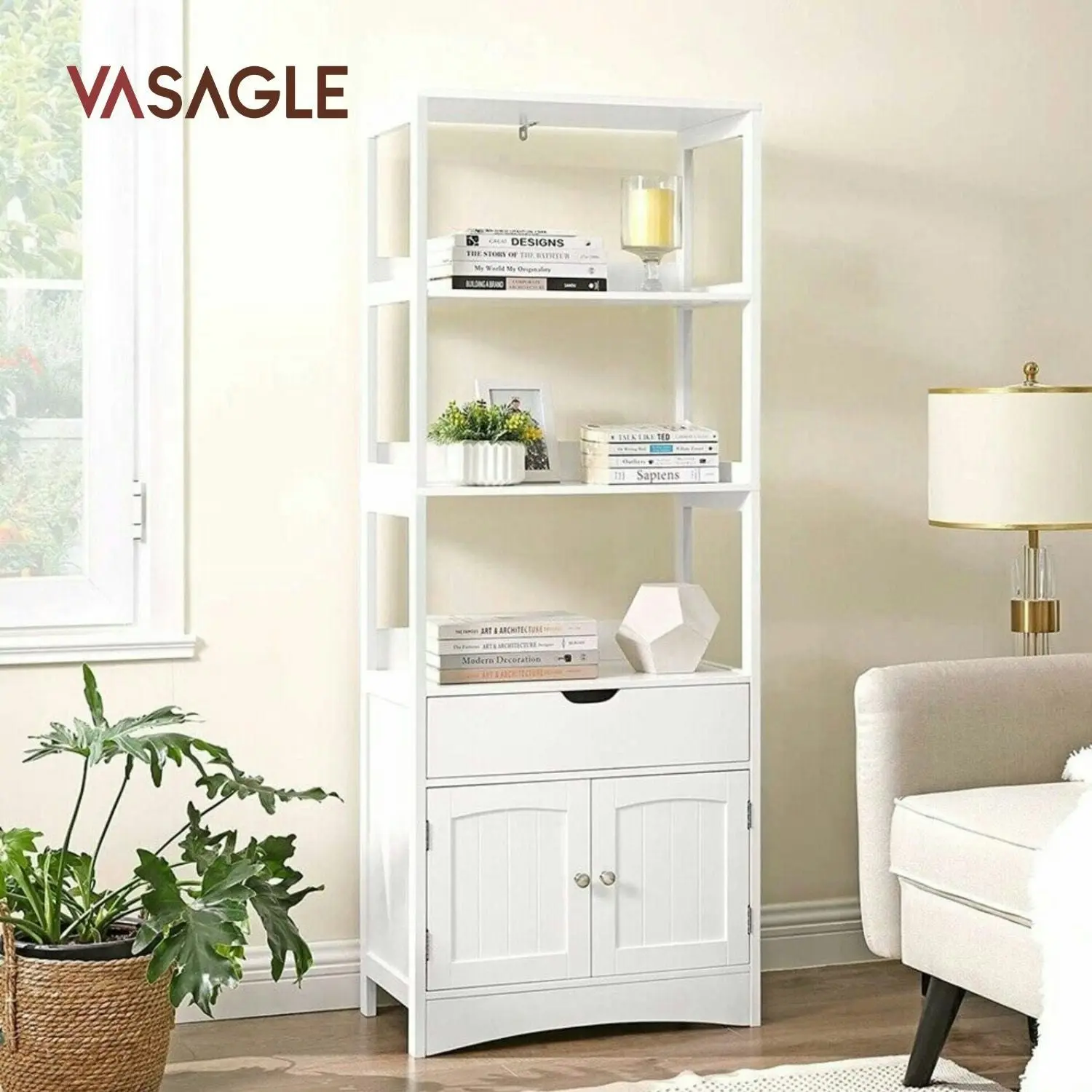 VASAGLE Bathroom Living Room Kitchen Storage Shelves Floor Cabinet - White