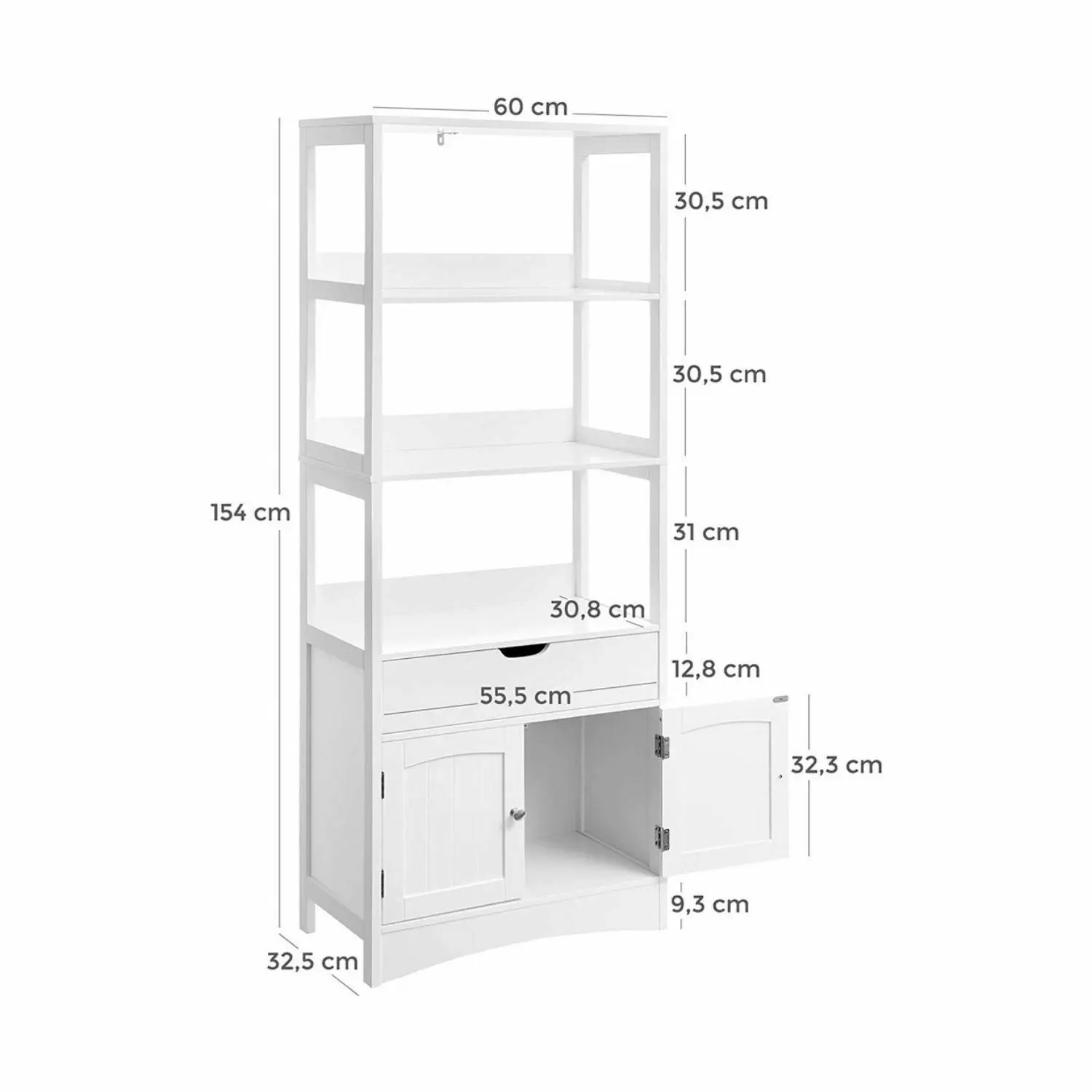 VASAGLE Bathroom Living Room Kitchen Storage Shelves Floor Cabinet - White