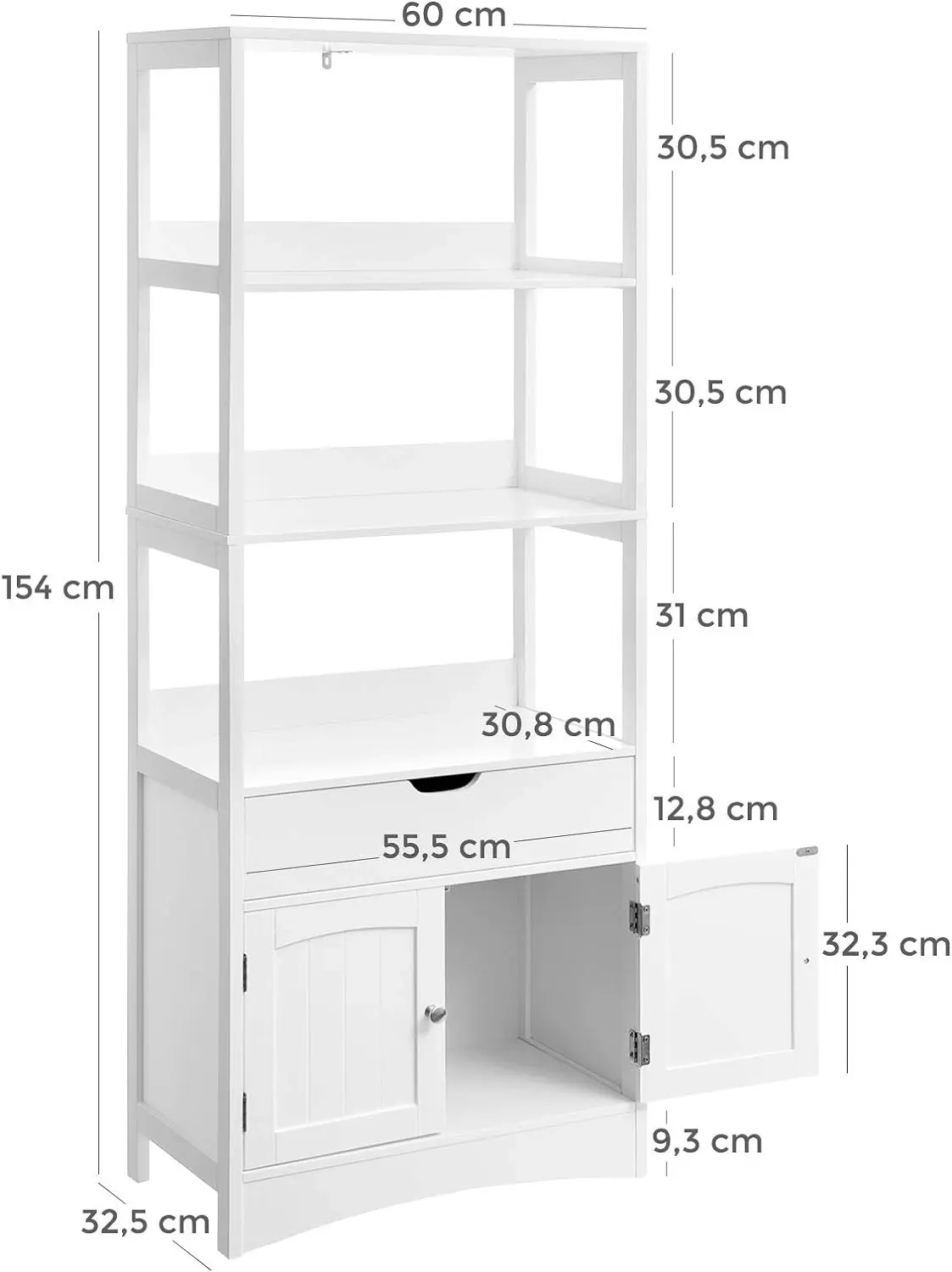 VASAGLE Bathroom Living Room Kitchen Storage Shelves Floor Cabinet - White