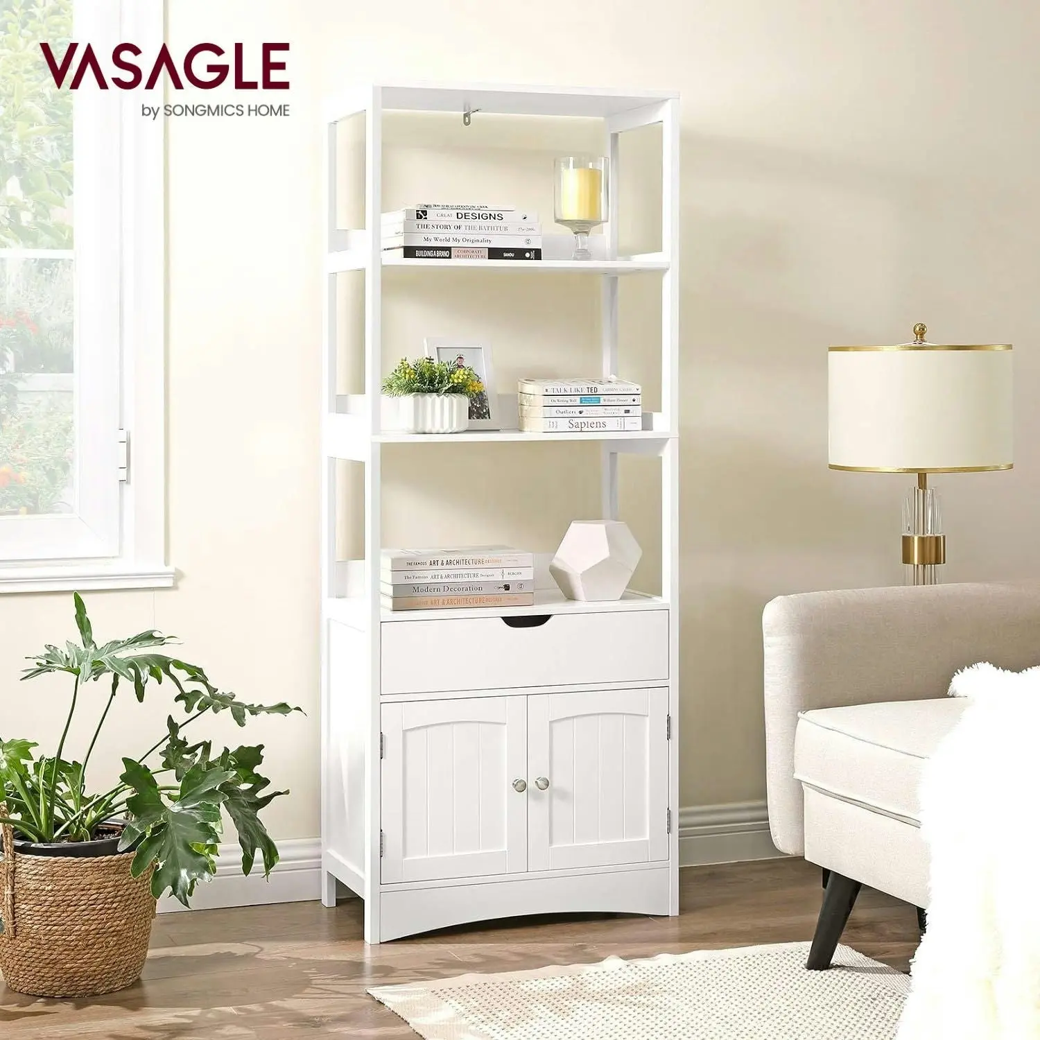 VASAGLE Bathroom Living Room Kitchen Storage Shelves Floor Cabinet - White