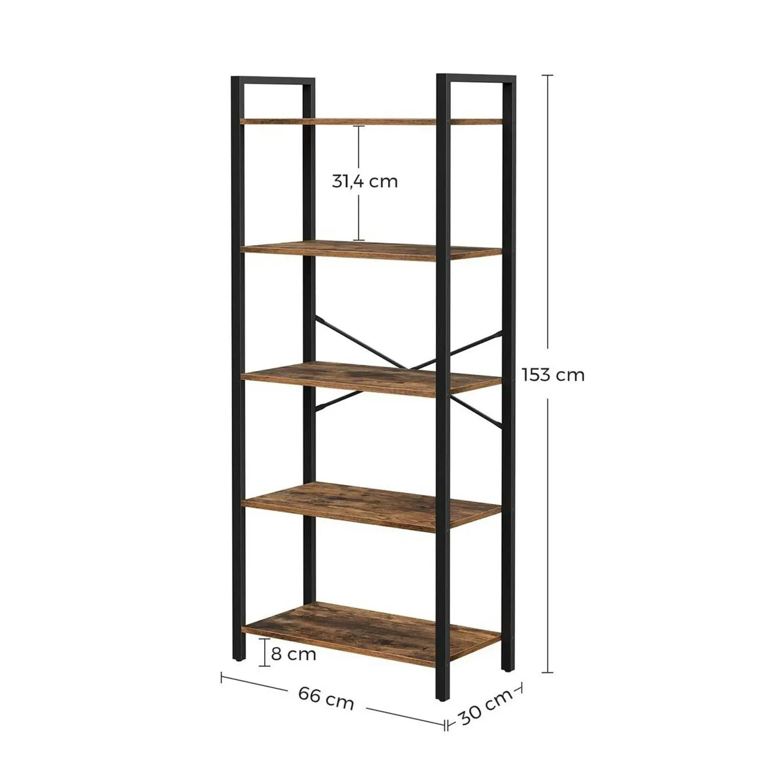 VASAGLE Rustic Brown and Black 5-Tier Bookshelf with Steel Frame