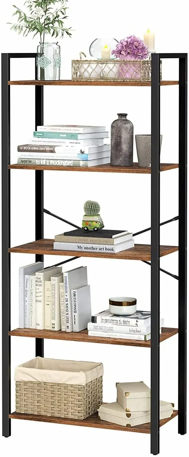 VASAGLE Rustic Brown and Black 5-Tier Bookshelf with Steel Frame