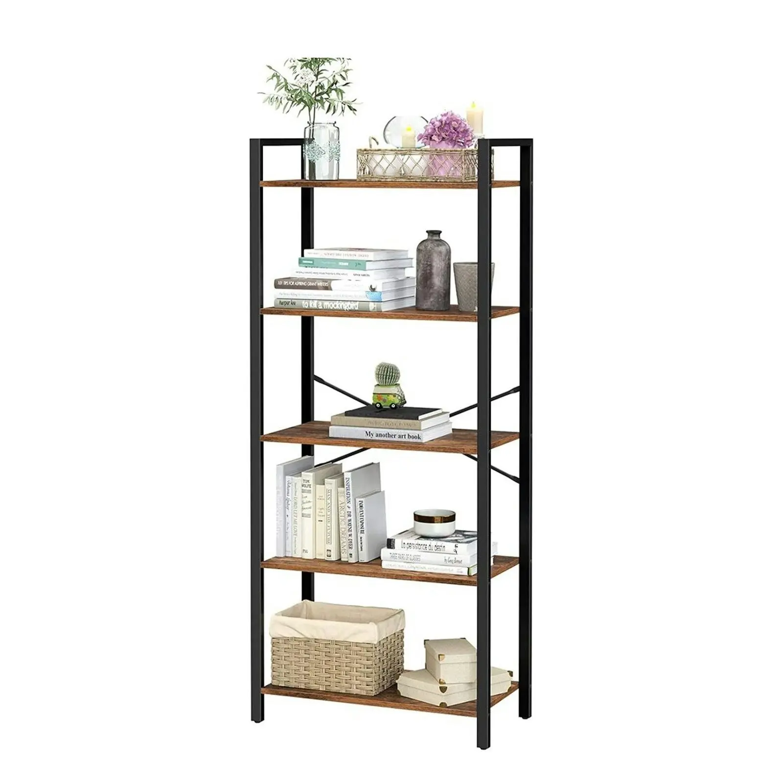 VASAGLE Rustic Brown and Black 5-Tier Bookshelf with Steel Frame