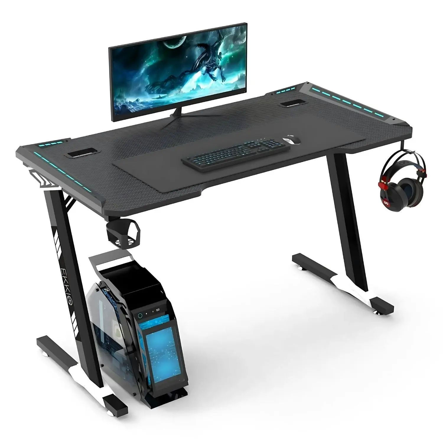 Ekkio 120cm Office Home Z Shape RGB Gaming Table Computer Desk - Black