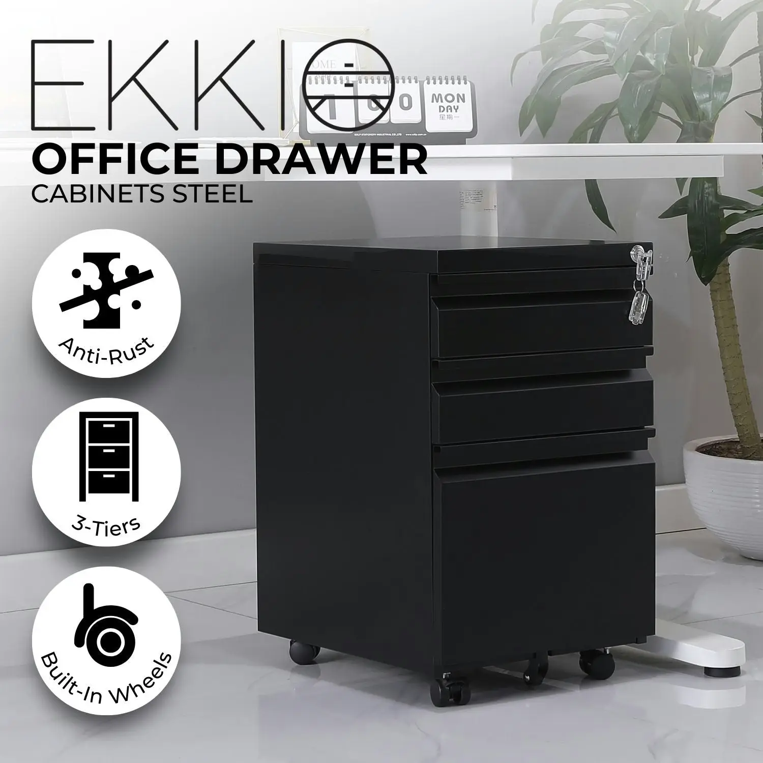 Ekkio 3 Large Drawer Mobile File Cabinet with Lock & 2 Lockable Wheels Black