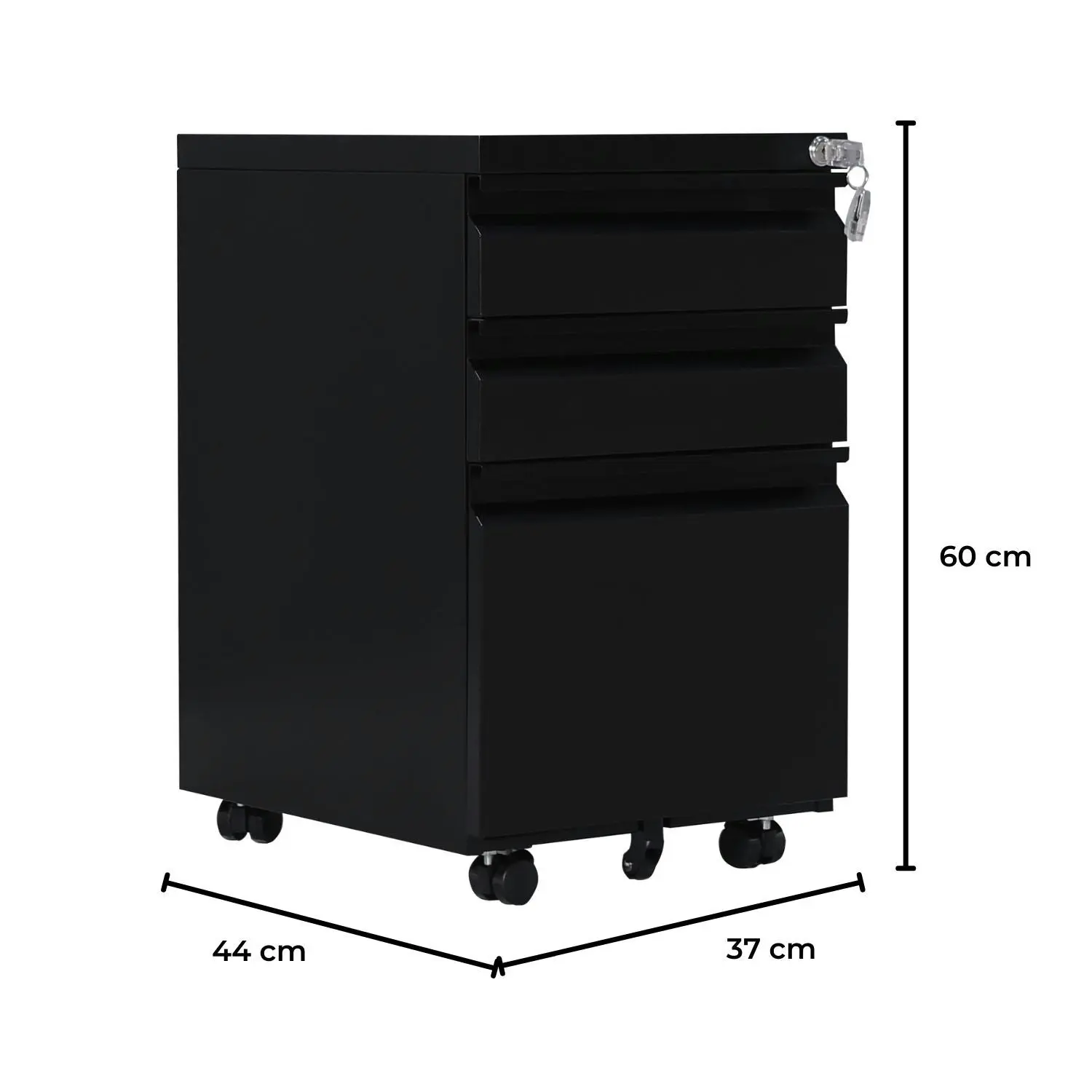 Ekkio 3 Large Drawer Mobile File Cabinet with Lock & 2 Lockable Wheels Black