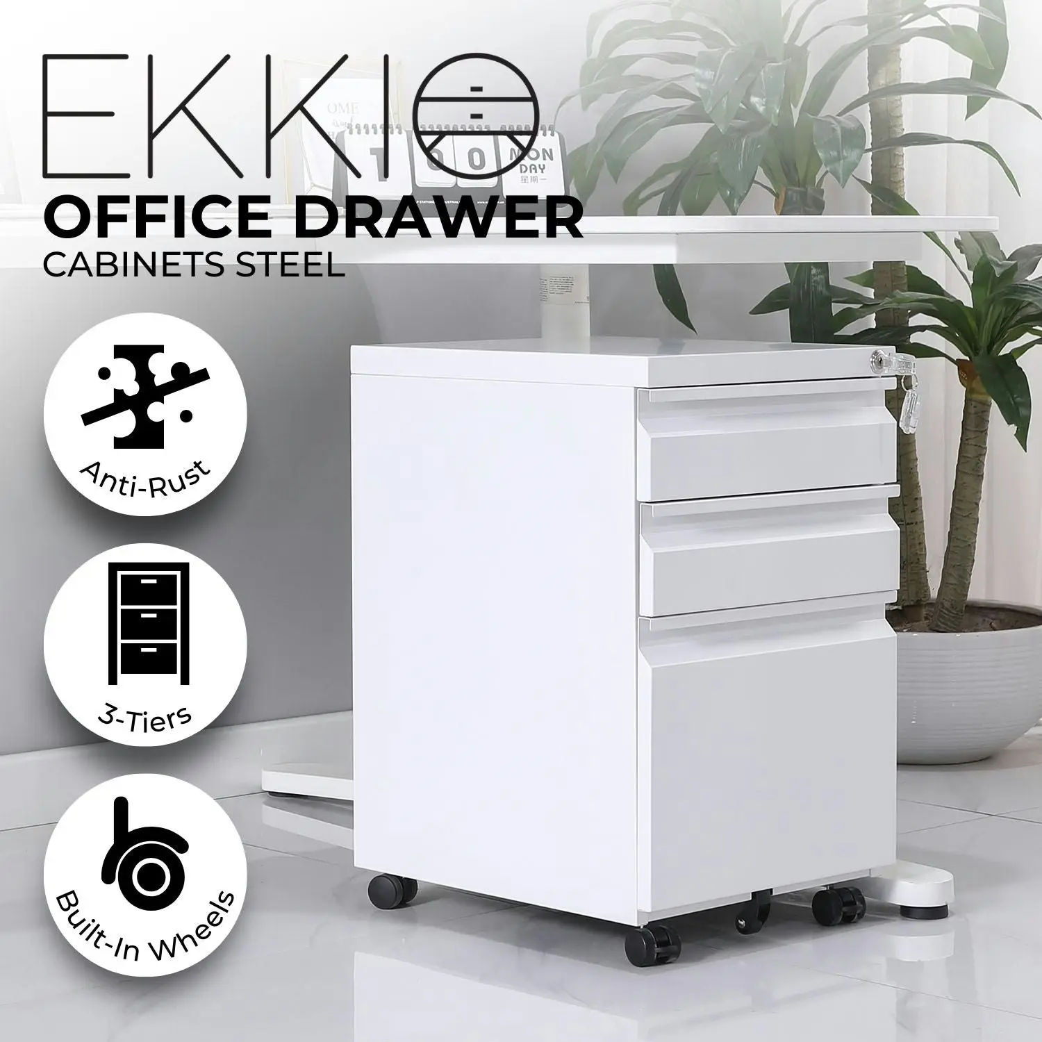 Ekkio 3 Large Drawer Mobile File Cabinet with Lock & 2 Lockable Wheels White