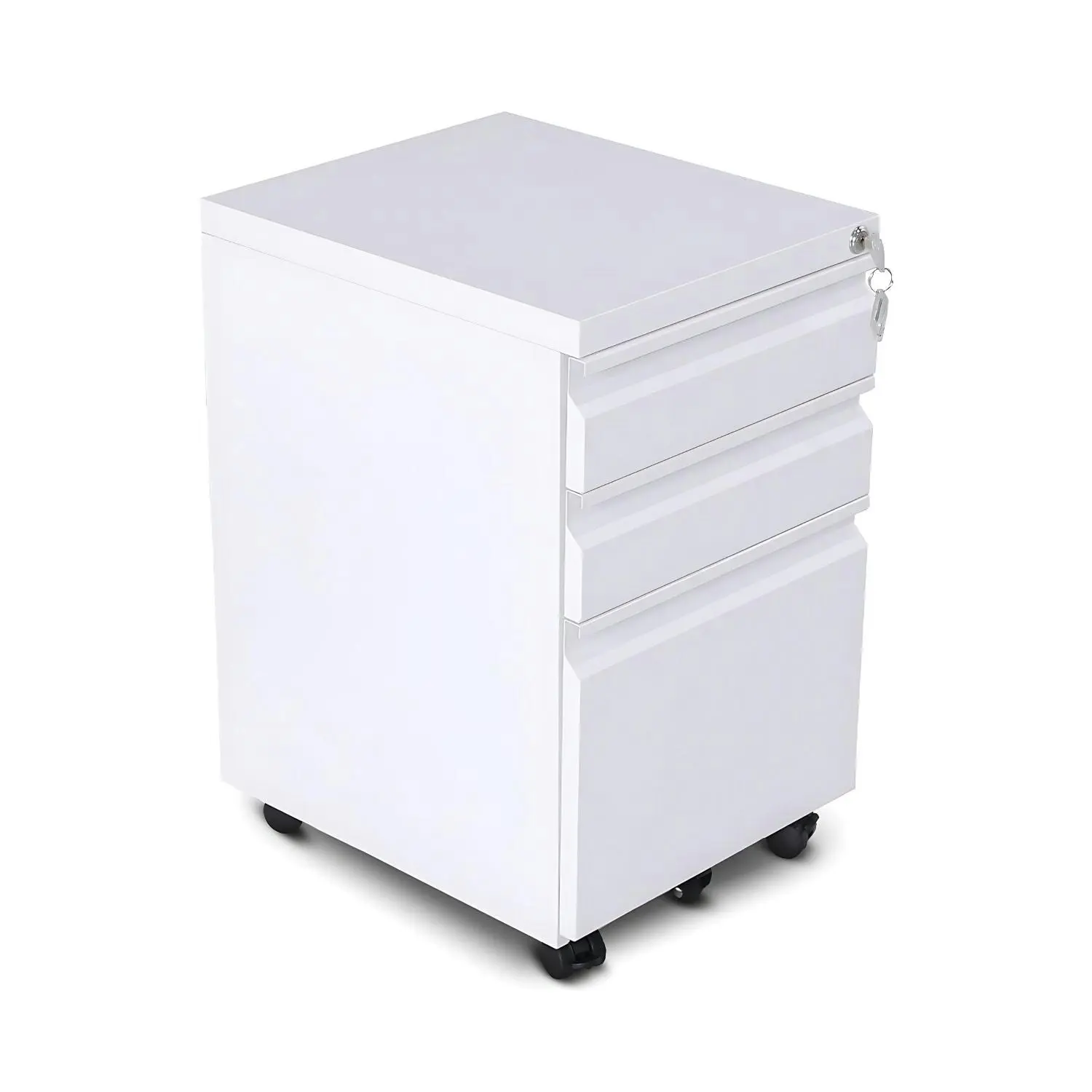 Ekkio 3 Large Drawer Mobile File Cabinet with Lock & 2 Lockable Wheels White