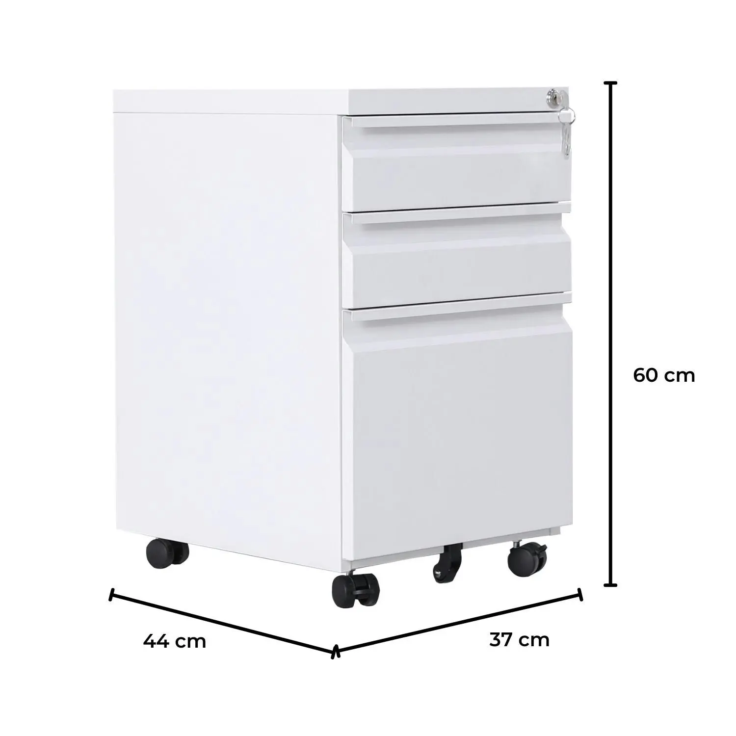 Ekkio 3 Large Drawer Mobile File Cabinet with Lock & 2 Lockable Wheels White