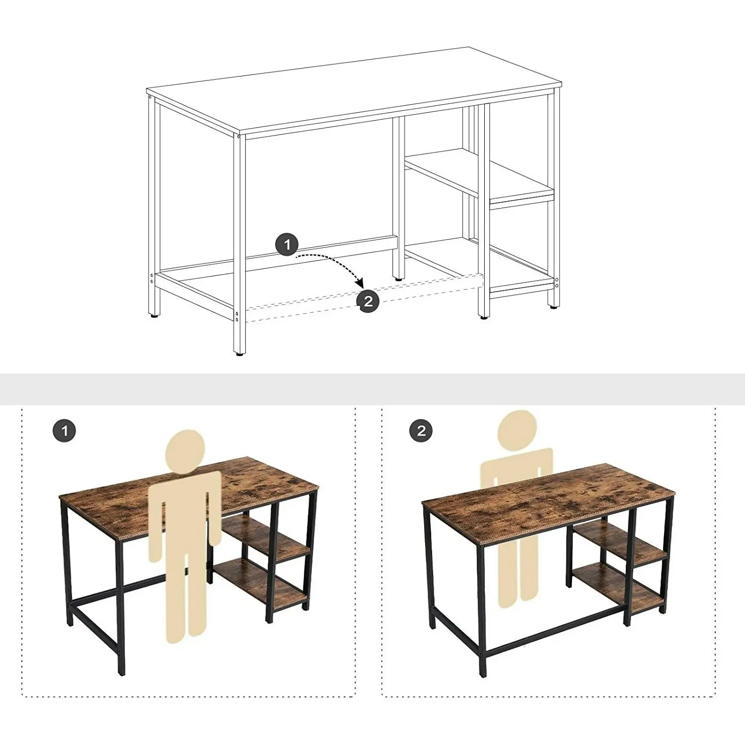 VASAGLE Laptop Office Workstation Study Table with 2 Shelves Computer Desk - Rustic Brown