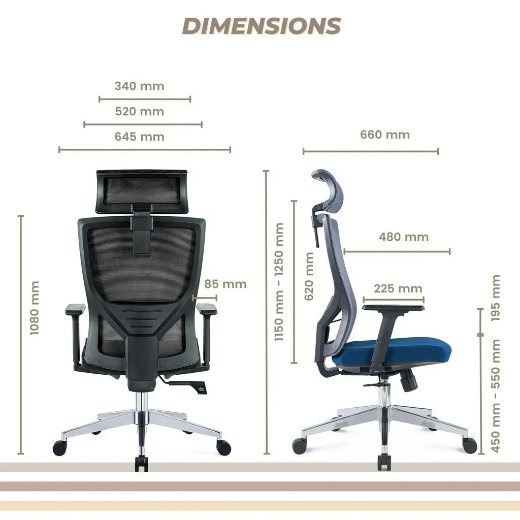 Ekkio Ava Ergonomic Office Chair w/ Wide Tall S-shaped Backrest Design - Grey & Blue