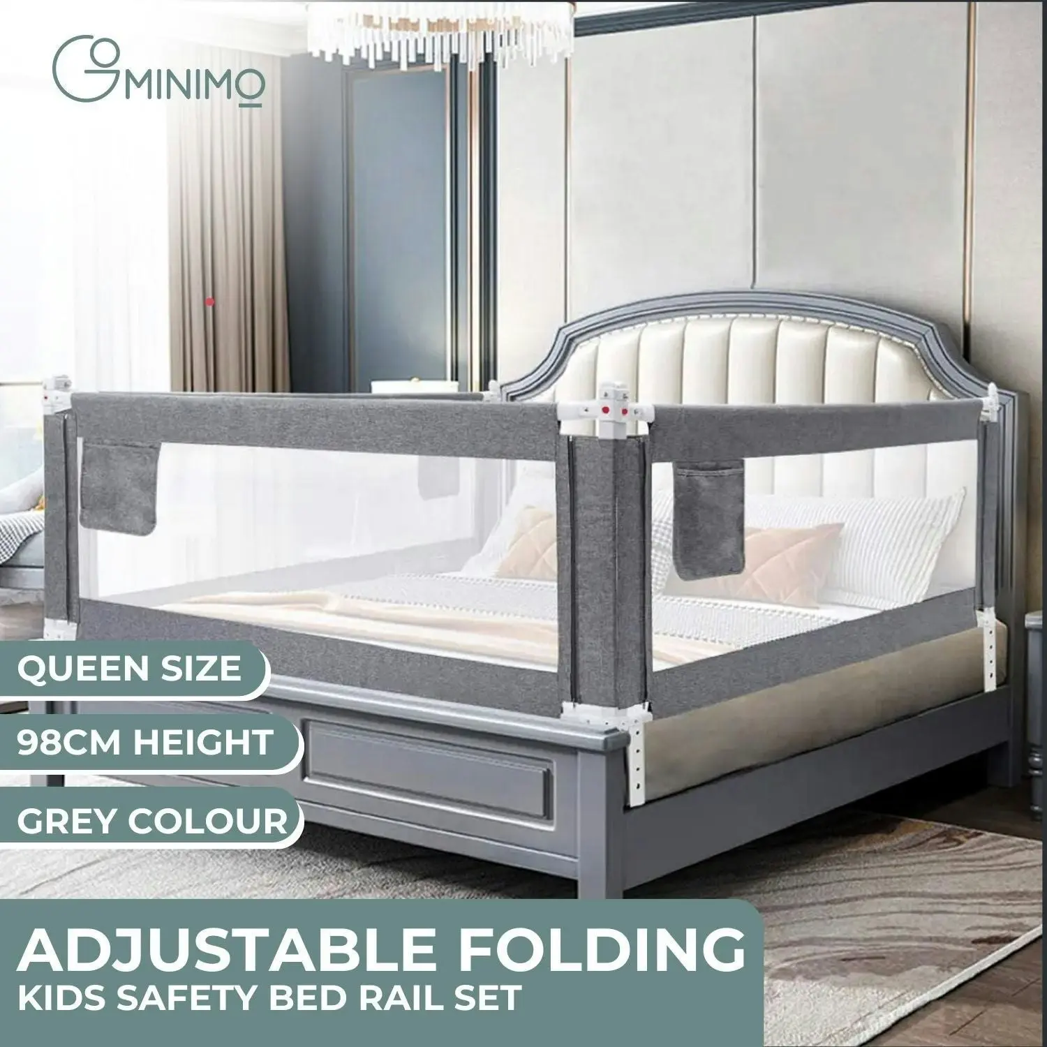 Gominimo Height Adjustable 98cm Queen Size Baby Toddler Safety Rail Bed Guardrail - Grey