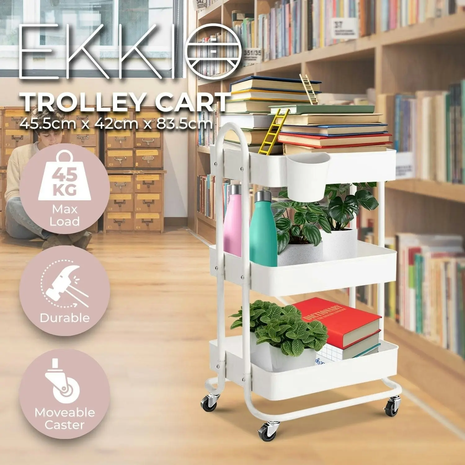 Ekkio 3 Tier Multipurpose Steel Frame Kitchen Storage Rack Organiser Trolley Cart - White