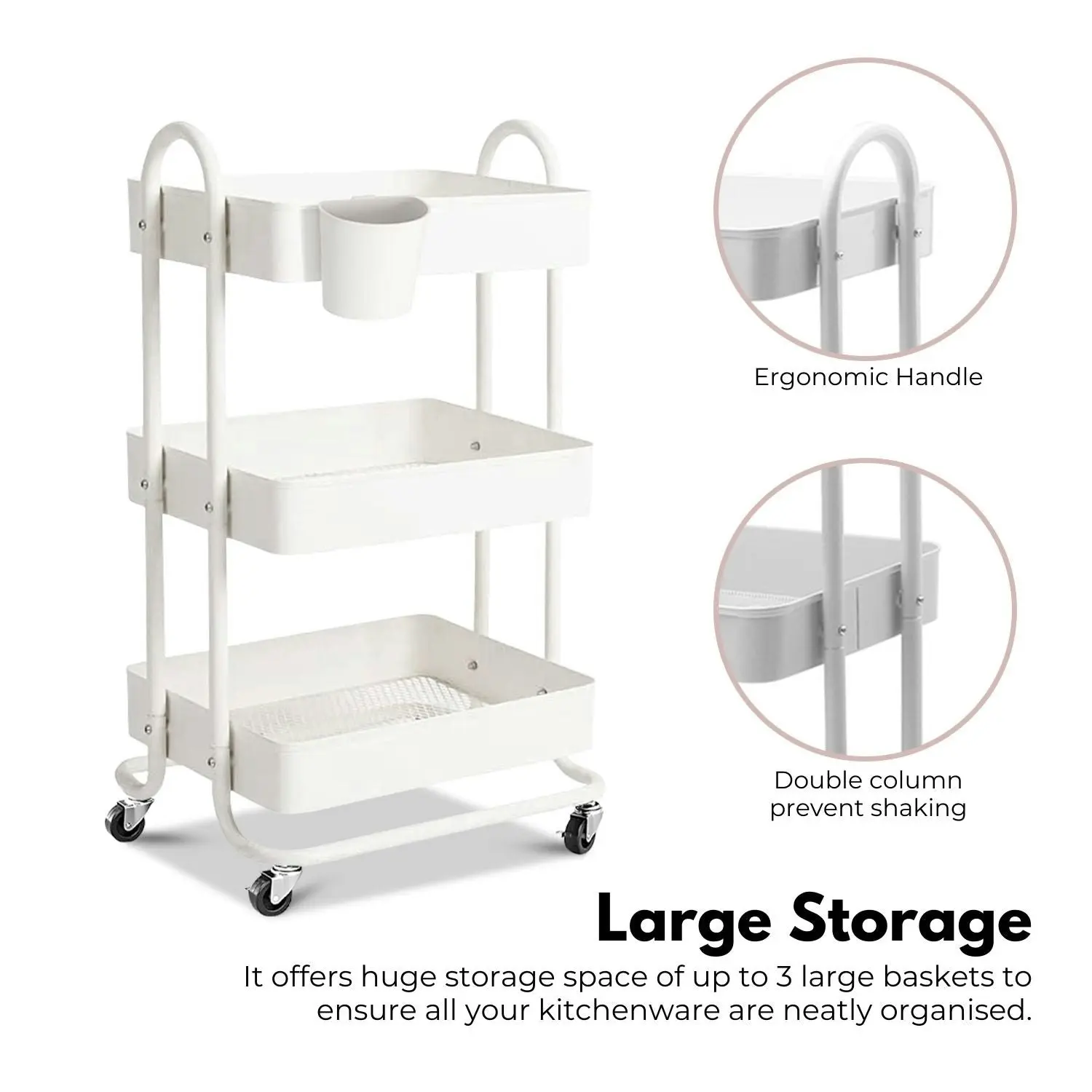 Ekkio 3 Tier Multipurpose Steel Frame Kitchen Storage Rack Organiser Trolley Cart - White