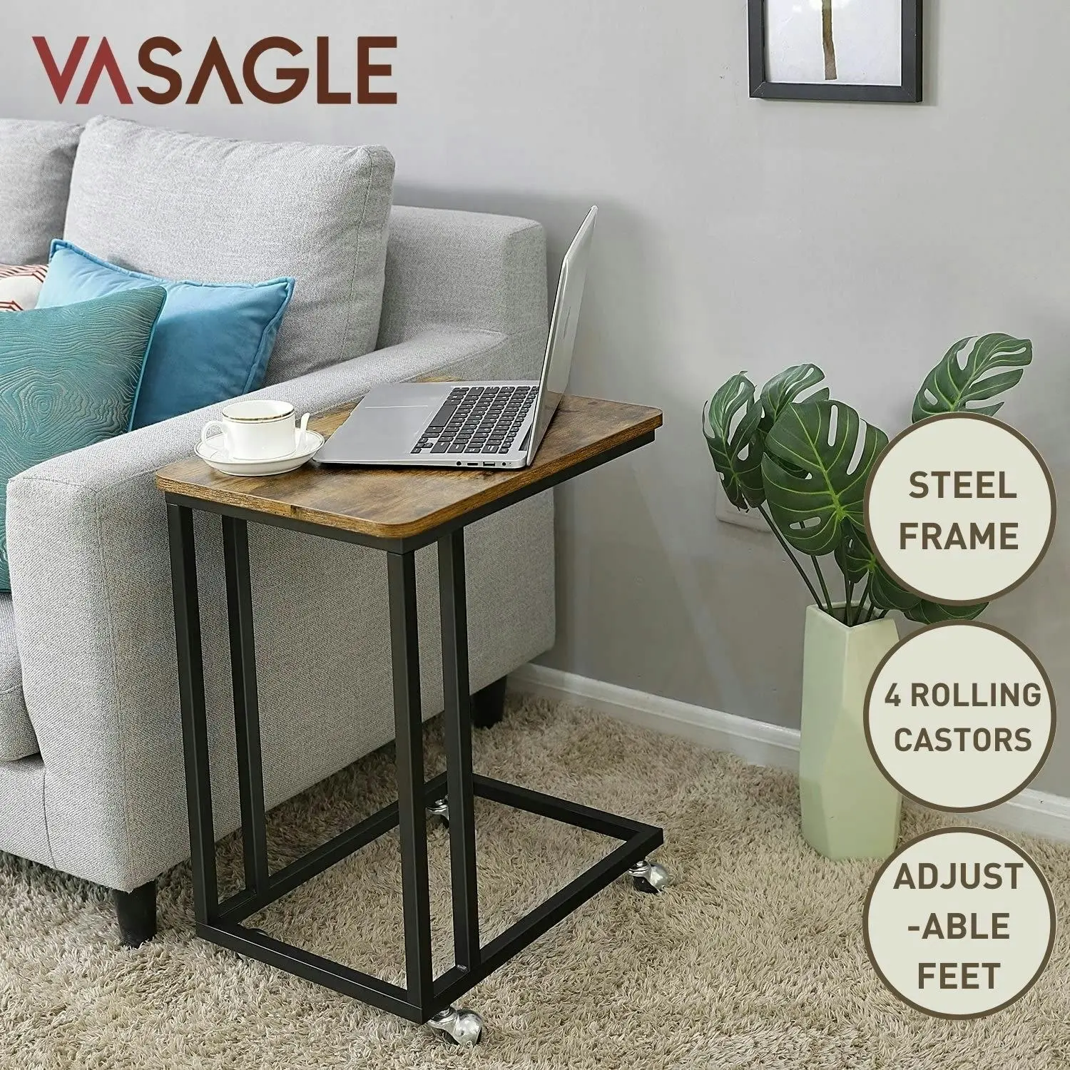 VASAGLE Shaped Side Table C - Bedside Nightstand Overbed Laptop Desk