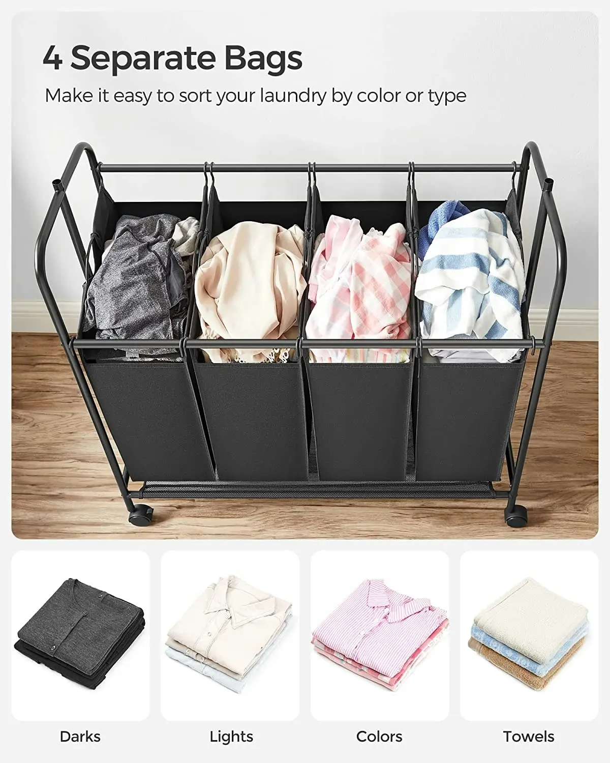 SONGMICS 4 Compartments Clothes Sorter Hamper Storage Laundry Basket - Black