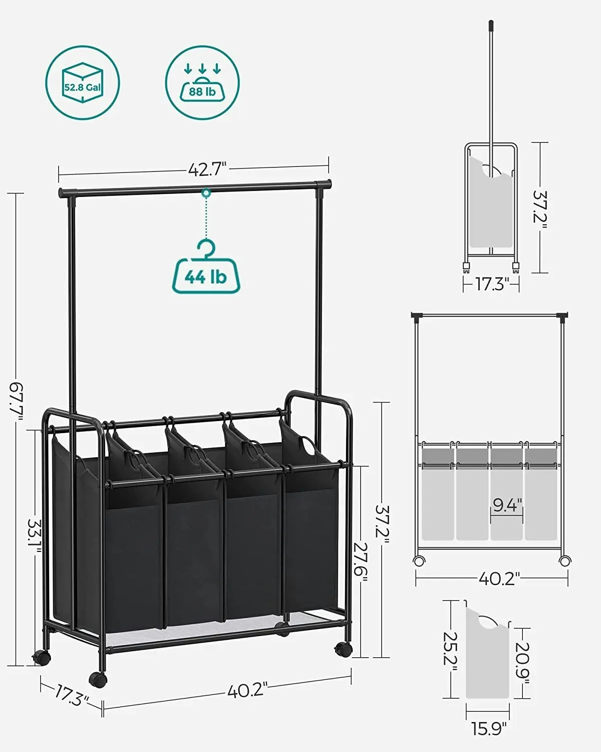 SONGMICS 4 Compartments Clothes Sorter Hamper Storage Laundry Basket - Black