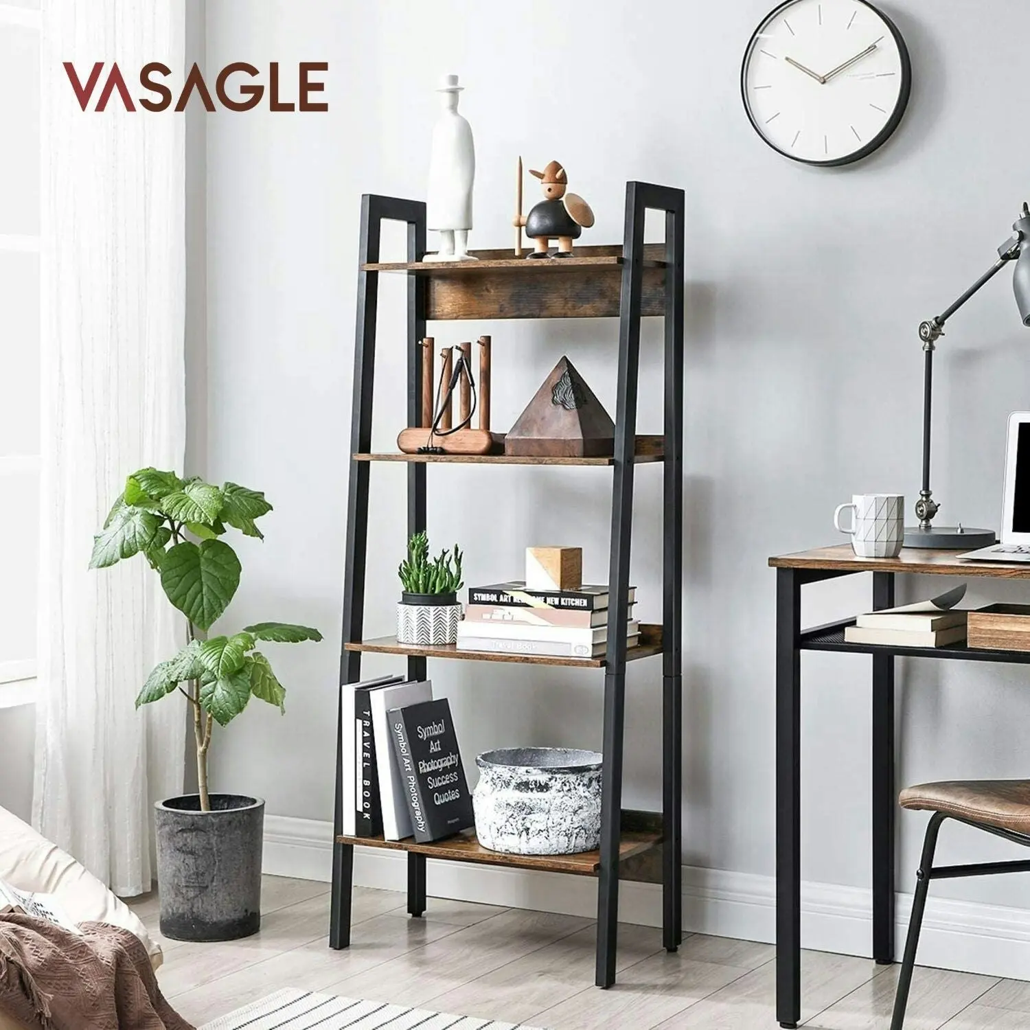 VASAGLE 4 Tier Bookcase Display Shelves Stand Ladder Bookshelf - Rustic Brown