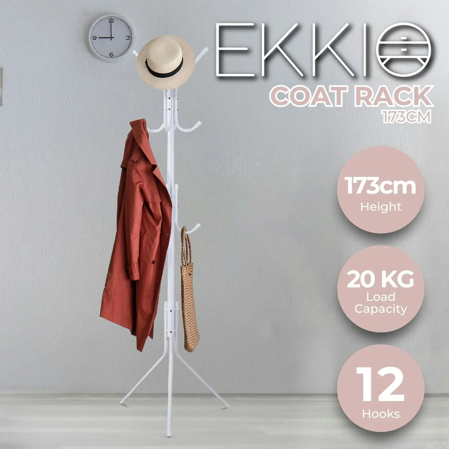 12 Hook Ekkio Coat Stand - Tree Hat - Clothes Hanger - Organiser - New - White - Tall - 173CM