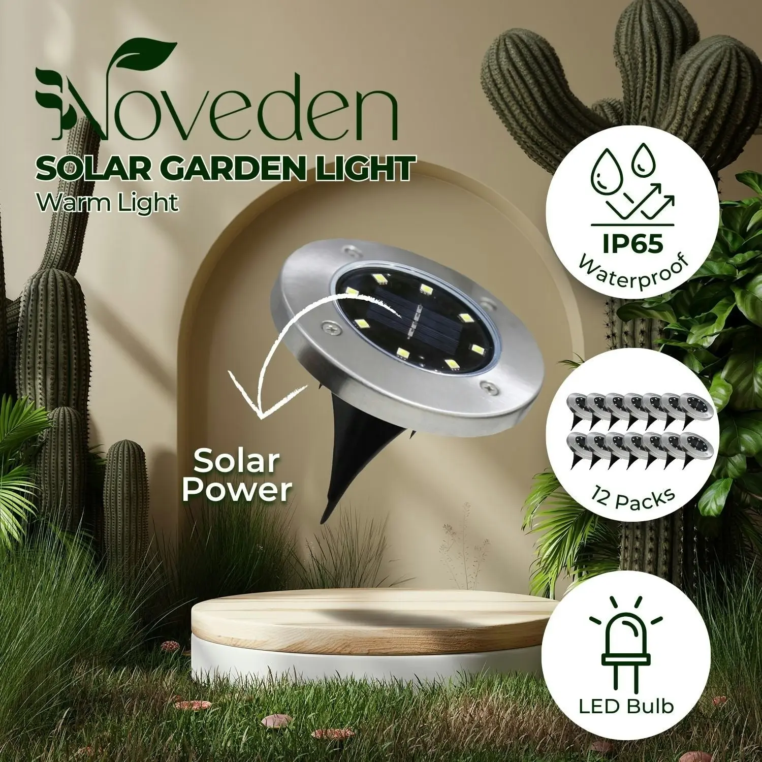 12pcs Noveden Waterproof Durable 10-12 Hour Illumination Gardens Terraces Decks Yards Lawns Paths Solar Ground LED Light - Warm