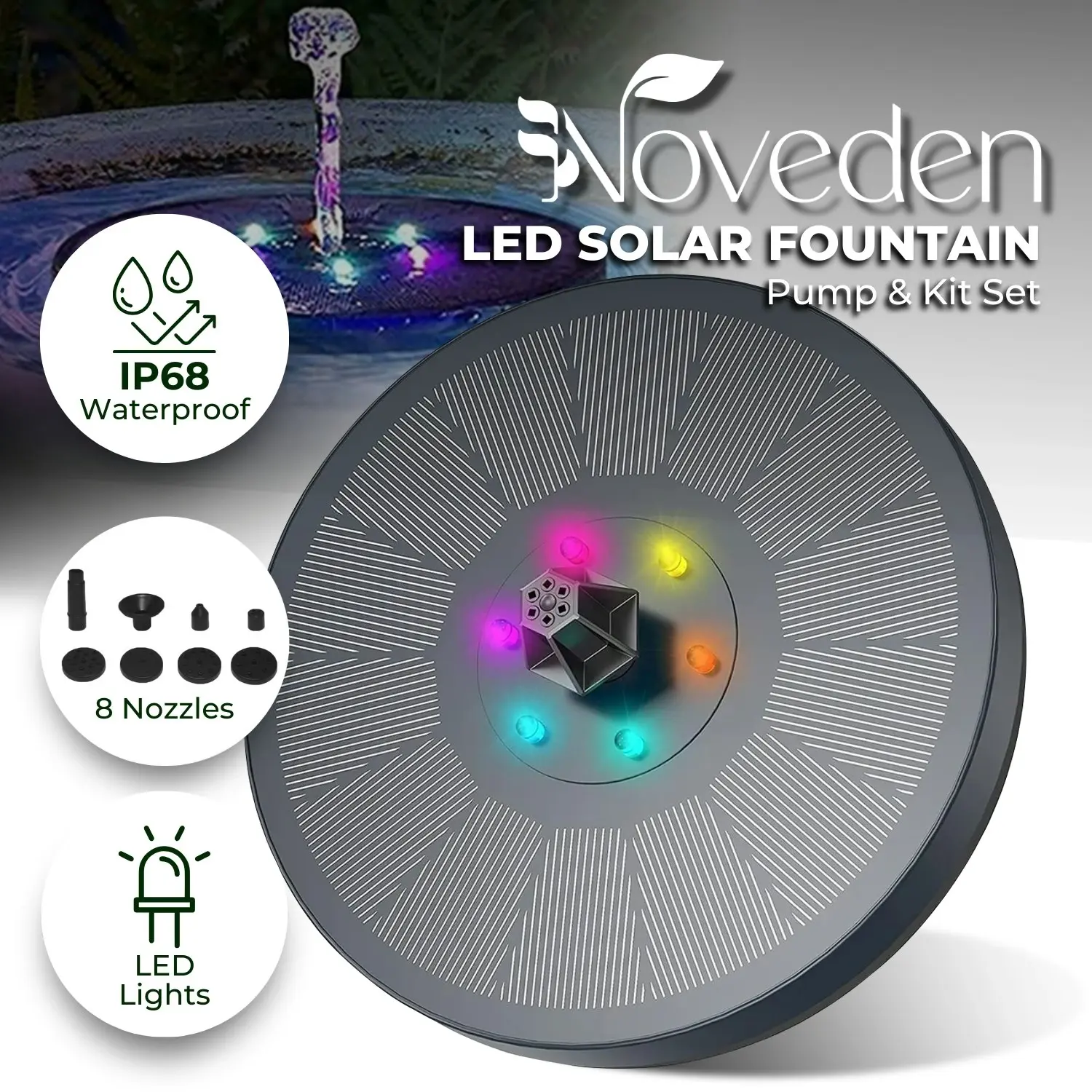 Noveden Sustainable Anti-Drift Bird Bath RGB Color LED Lights Solar Fountain Water Pump - Black