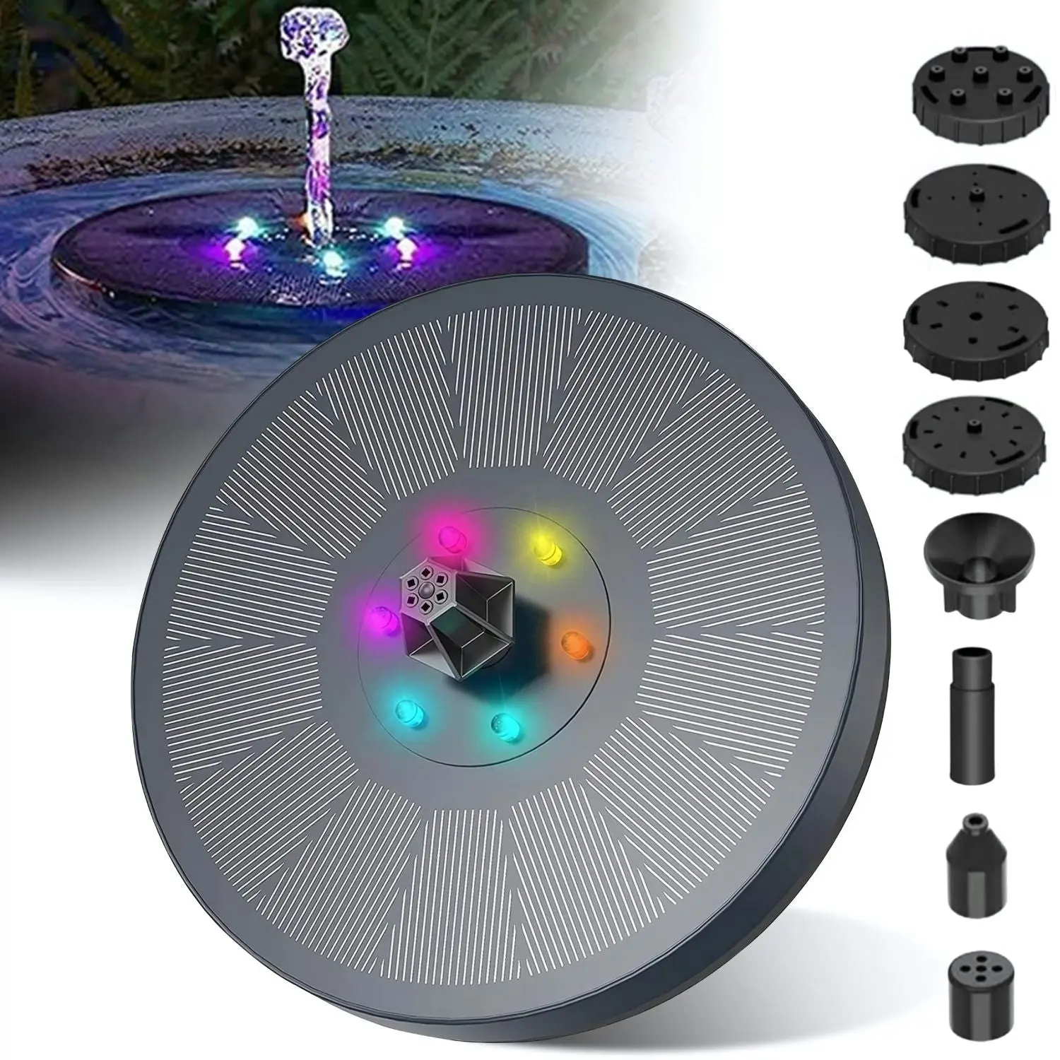 Noveden Sustainable Anti-Drift Bird Bath RGB Color LED Lights Solar Fountain Water Pump - Black