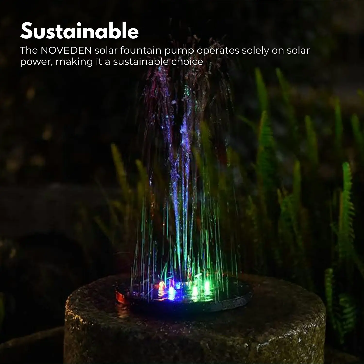 Noveden Sustainable Anti-Drift Bird Bath RGB Color LED Lights Solar Fountain Water Pump - Black