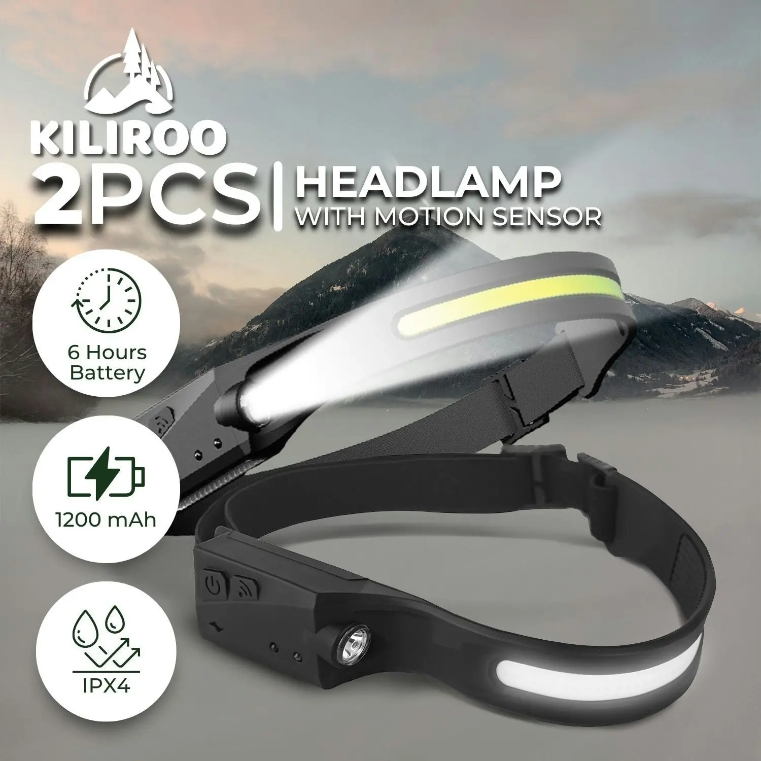 Kiliroo 2PCS LED Rechargeable Headlamp Headlight Torch with Motion Sensor 200LM