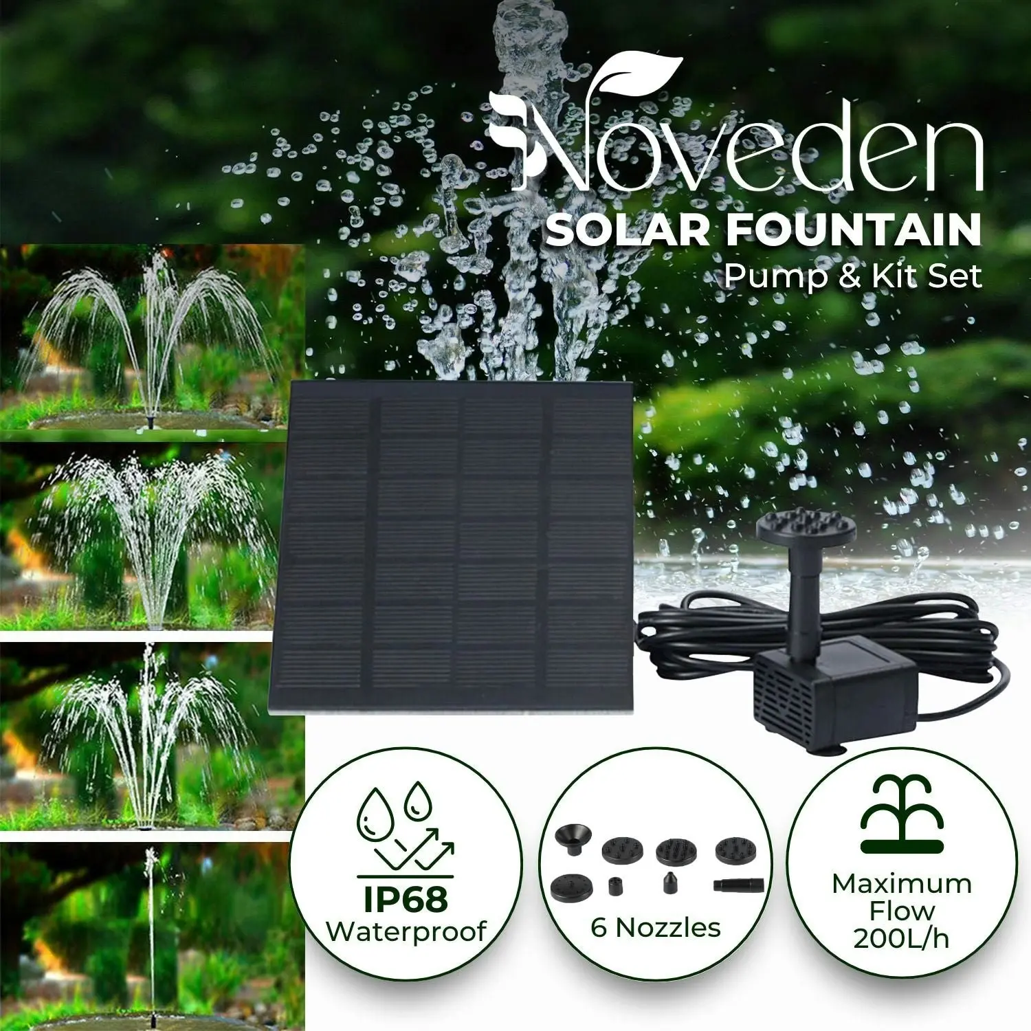 Noveden 1.5W Solar Water Fountain Pump with Panel for Outdoor Garden Bird Bath Pond