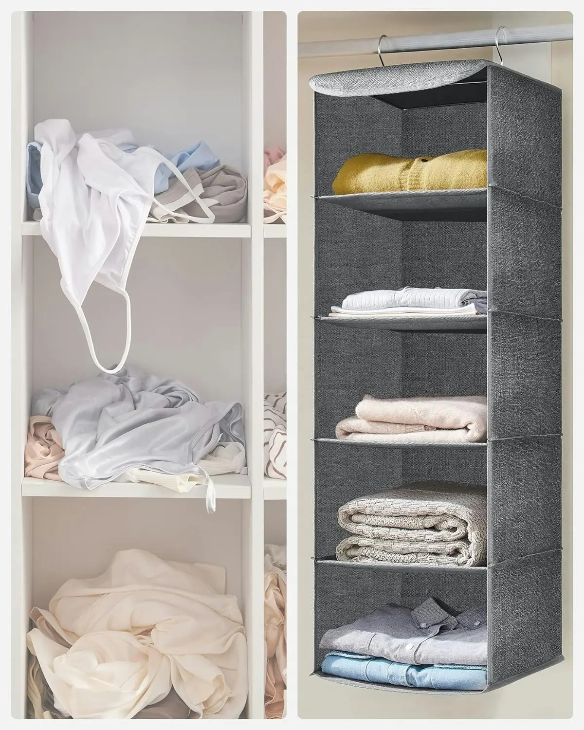 SONGMICS 5 Layers Wardrobe Cube Storage Bag Shelf Hanging Closet Organiser - Gray