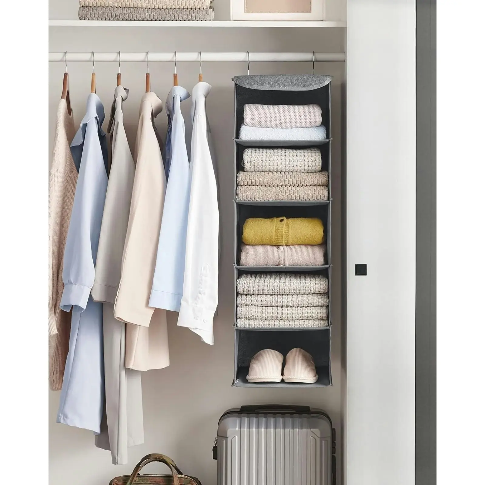 SONGMICS 5 Layers Wardrobe Cube Storage Bag Shelf Hanging Closet Organiser - Gray