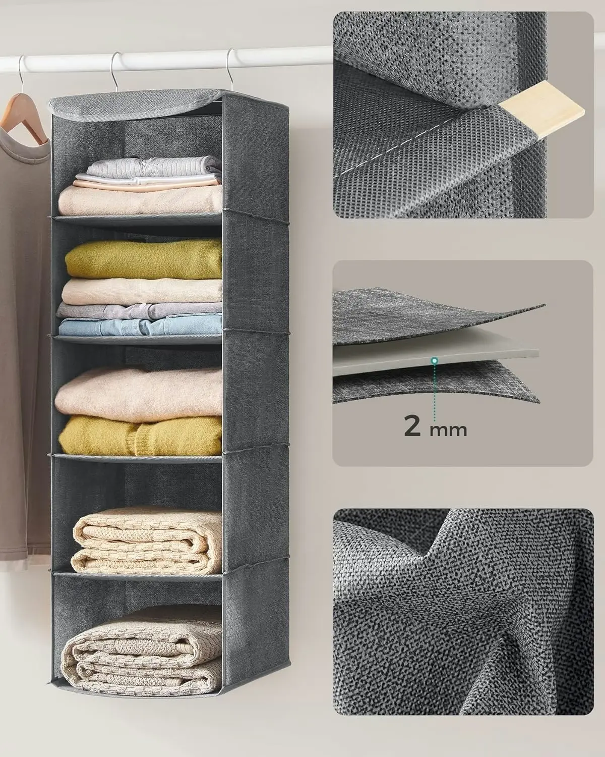 SONGMICS 5 Layers Wardrobe Cube Storage Bag Shelf Hanging Closet Organiser - Gray