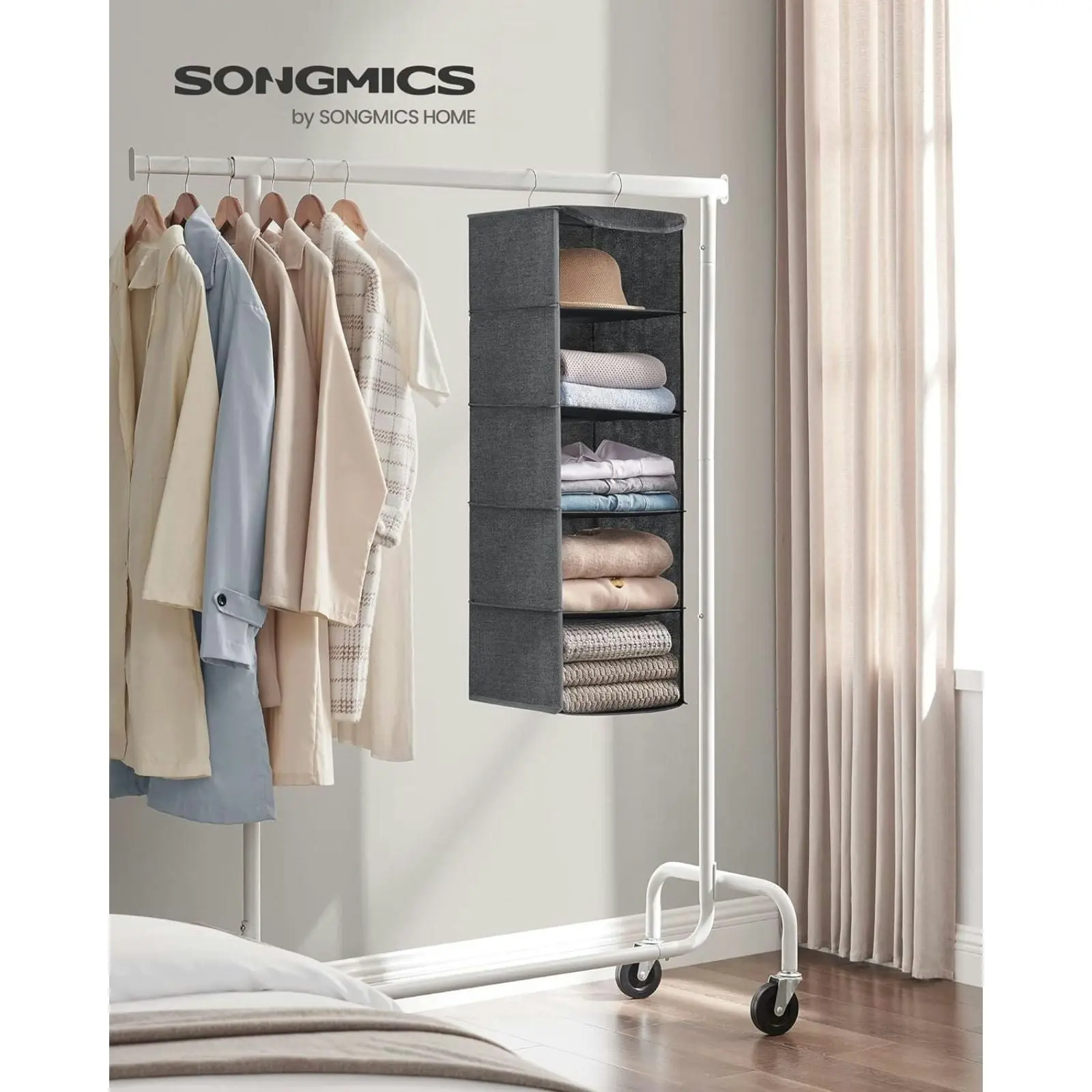 SONGMICS 5 Layers Wardrobe Cube Storage Bag Shelf Hanging Closet Organiser - Gray