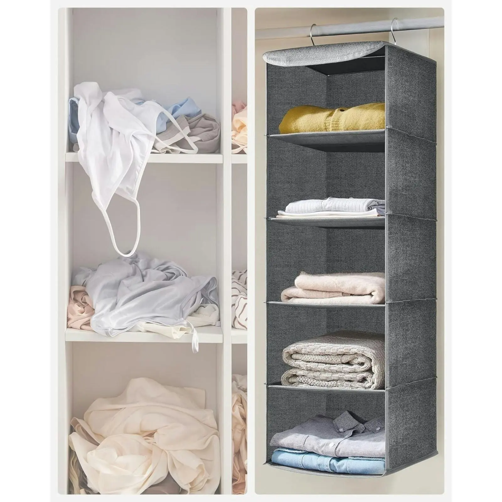 SONGMICS 5 Layers Wardrobe Cube Storage Bag Shelf Hanging Closet Organiser - Gray