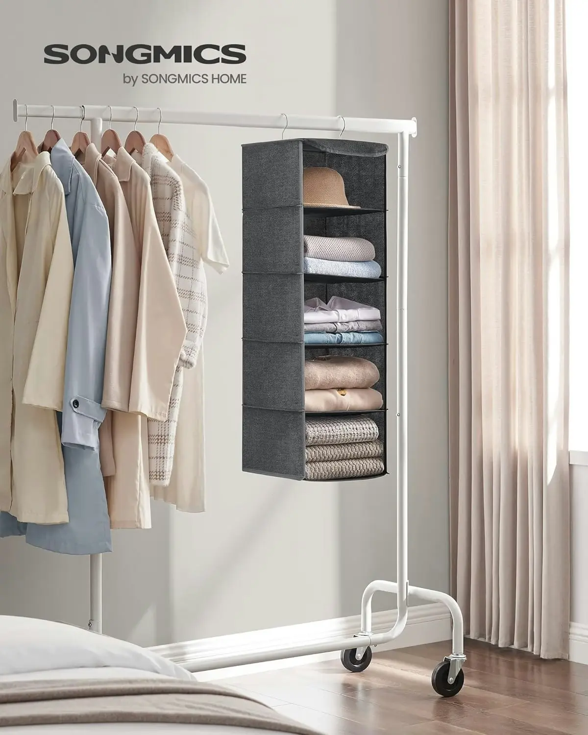 SONGMICS 5 Layers Wardrobe Cube Storage Bag Shelf Hanging Closet Organiser - Gray